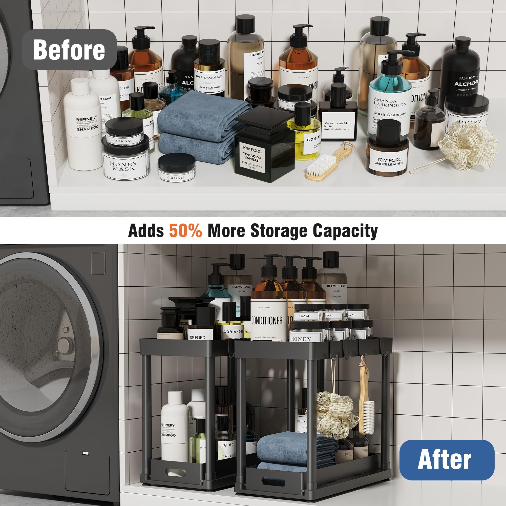 POUGNY Under Sink Organizer 2-Pack – Heavy Duty Pull-Out Cabinet Storage with Anti-Slip Base, Black PRO