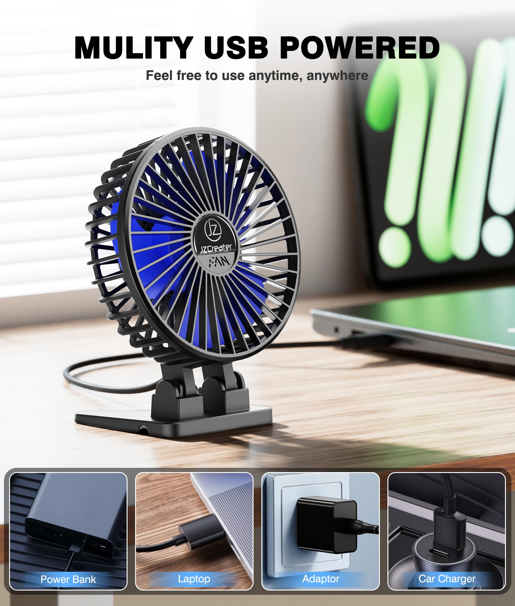 JZCreater Mini USB Desk Fan Portable 3 Speed Quiet Personal Cooling Fan for Office Home Travel Black Blue
