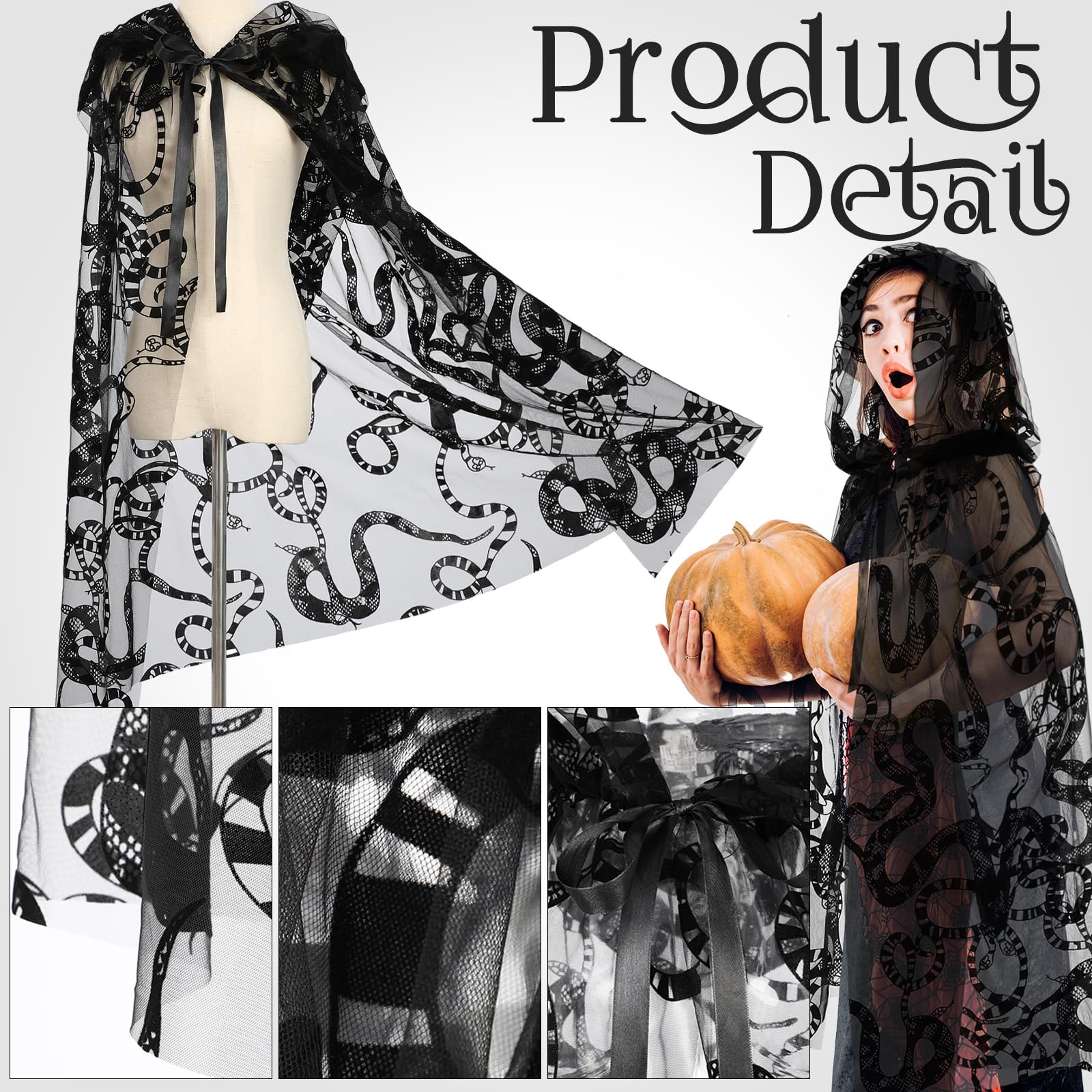 Black Snake Pattern Hooded Cloak – Gothic Lace Cape for Halloween & Cosplay
