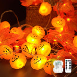 Pumpkin & Maple Leaf Halloween String Lights – 15FT Battery-Powered Warm White LEDs with Remote, 8 Modes & Timer (Waterproof, Indoor/Outdoor)