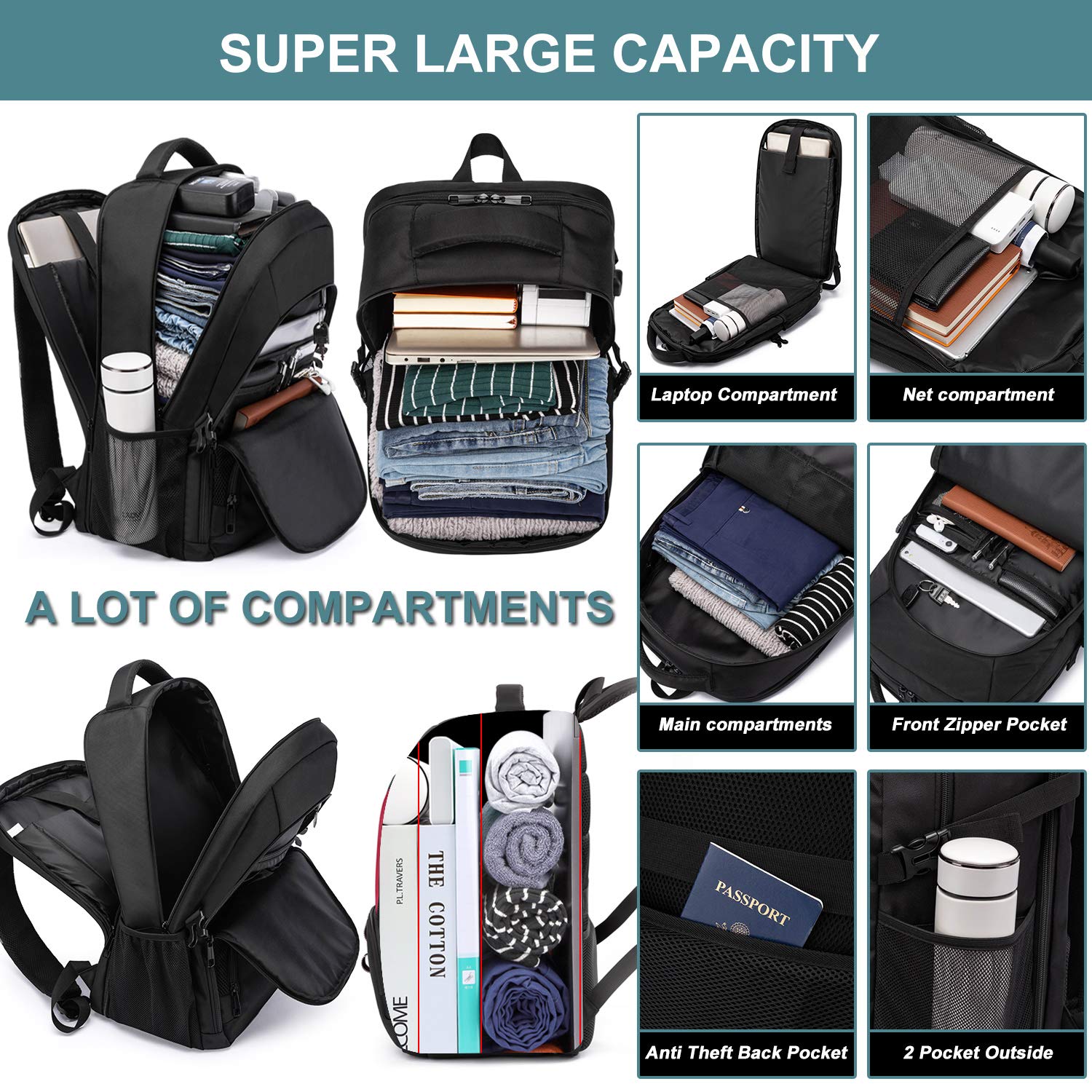 Extra Large 50L Travel Laptop Backpack for Men & Women, TSA Friendly, USB Charging, Anti-Theft Design