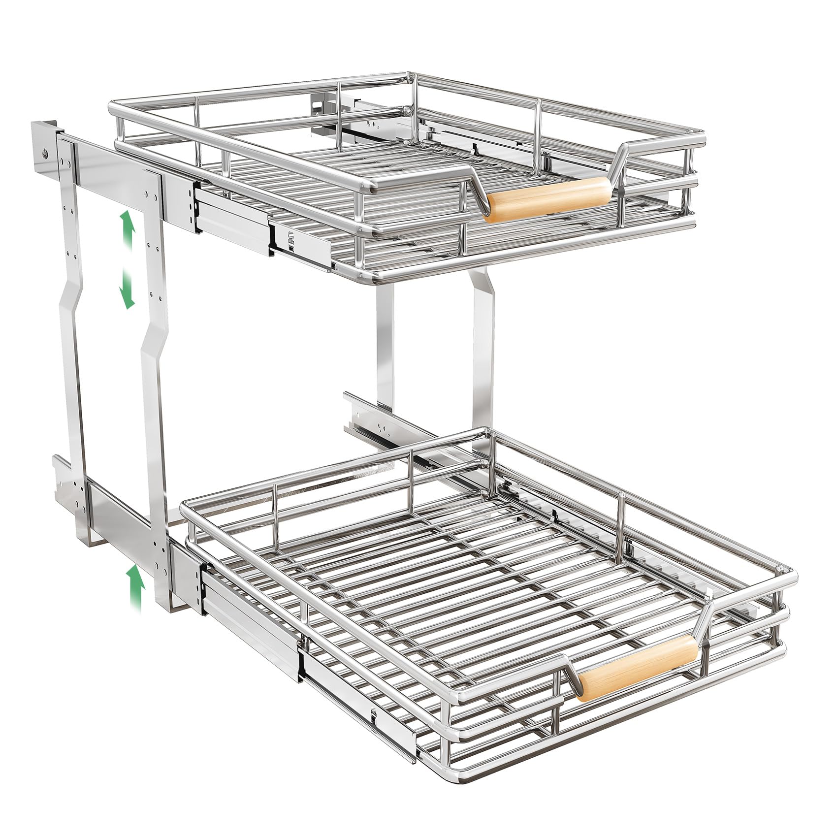 2-Tier Pull-Out Cabinet Organizer – Full-Extension Chrome Slide-Out Shelves with Wooden Handle