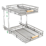 2-Tier Pull-Out Cabinet Organizer – Full-Extension Chrome Slide-Out Shelves with Wooden Handle