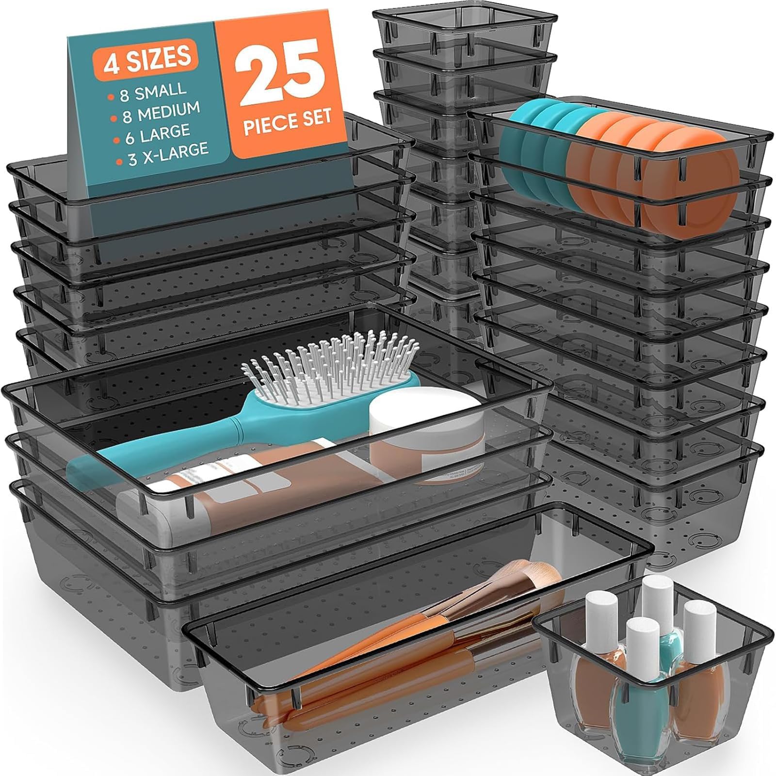 Drawer Organizer Set (25-Piece) – Stackable Non-Slip Trays for Makeup, Jewelry & Office Storage
