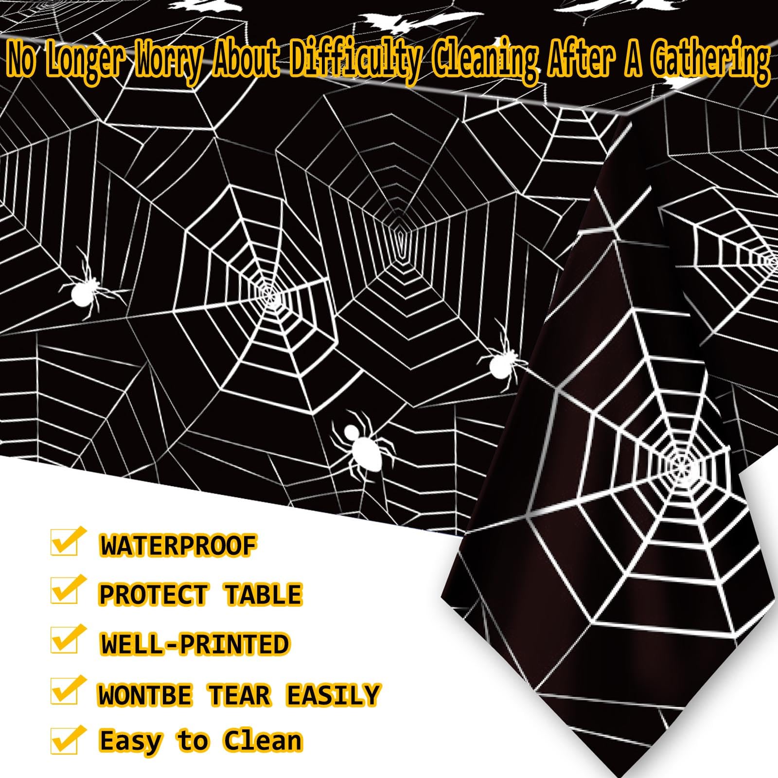 Halloween Party Supplies Set – 89 Pcs Black Spider Web Plates, Cups, Napkins & Tablecloth for Spooky Celebrations