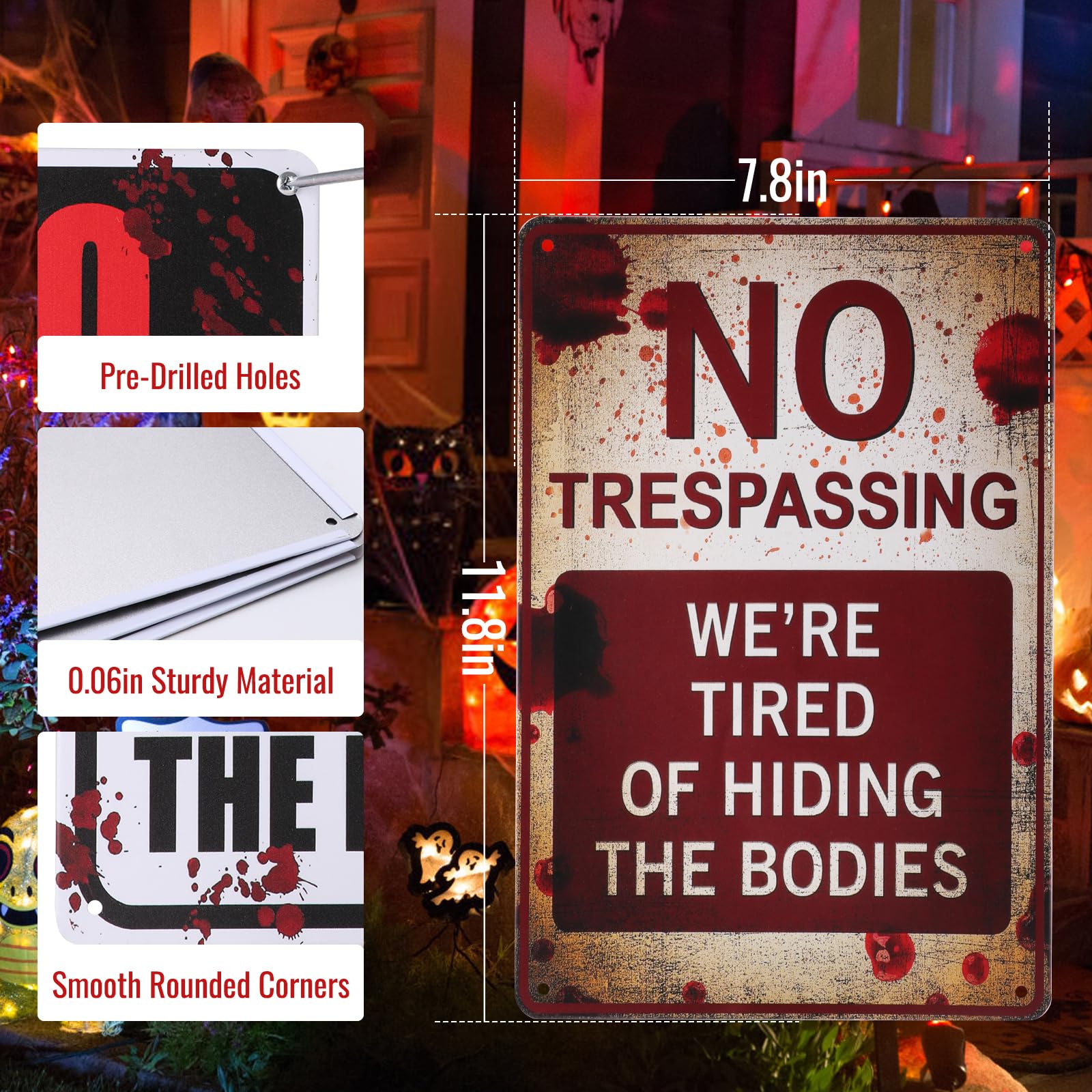 Vintage “No Trespassing” Metal Halloween Sign – Rust-Proof Red & White Scary Wall Decor for Indoors & Outdoors