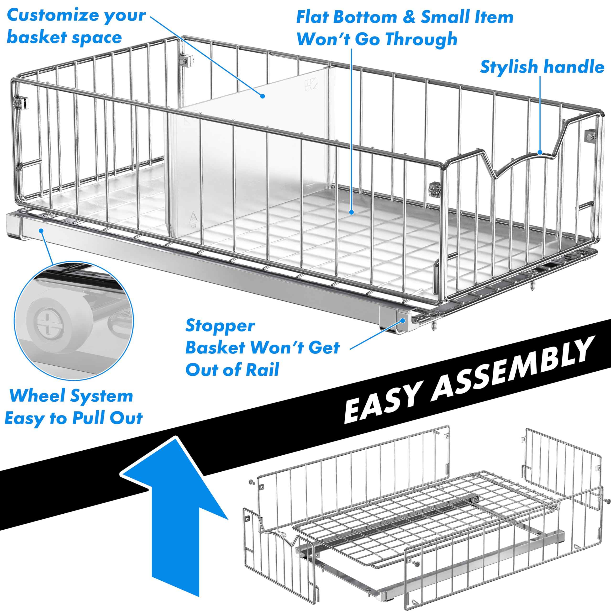 Pull-Out Cabinet Sliding Basket Organizer with Divider – Chrome Finish for Deep Cabinets