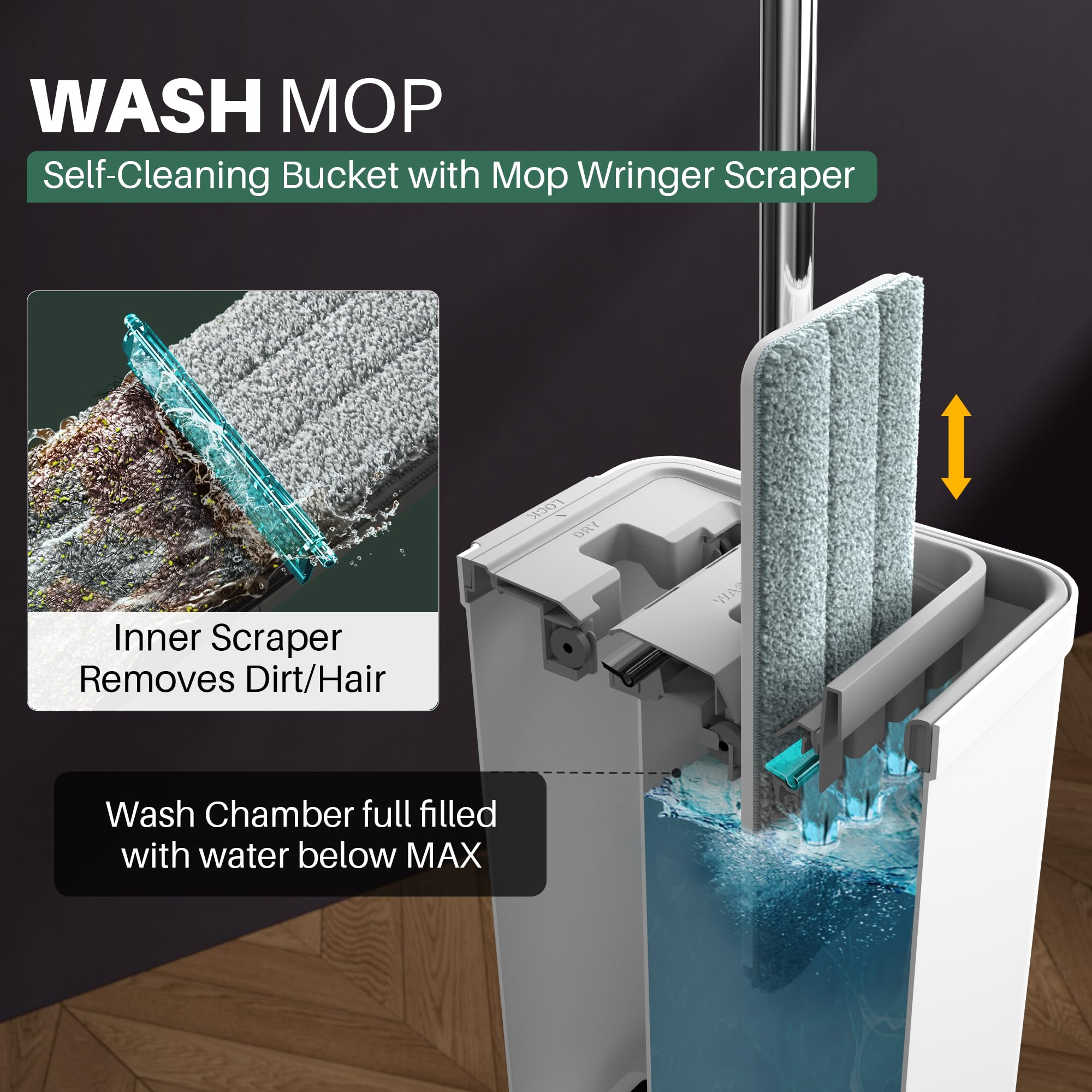 JOYMOOP 2-Tank Flat Mop & Bucket Set with Wringer – Hands-Free Microfiber Floor & Wall Cleaning System