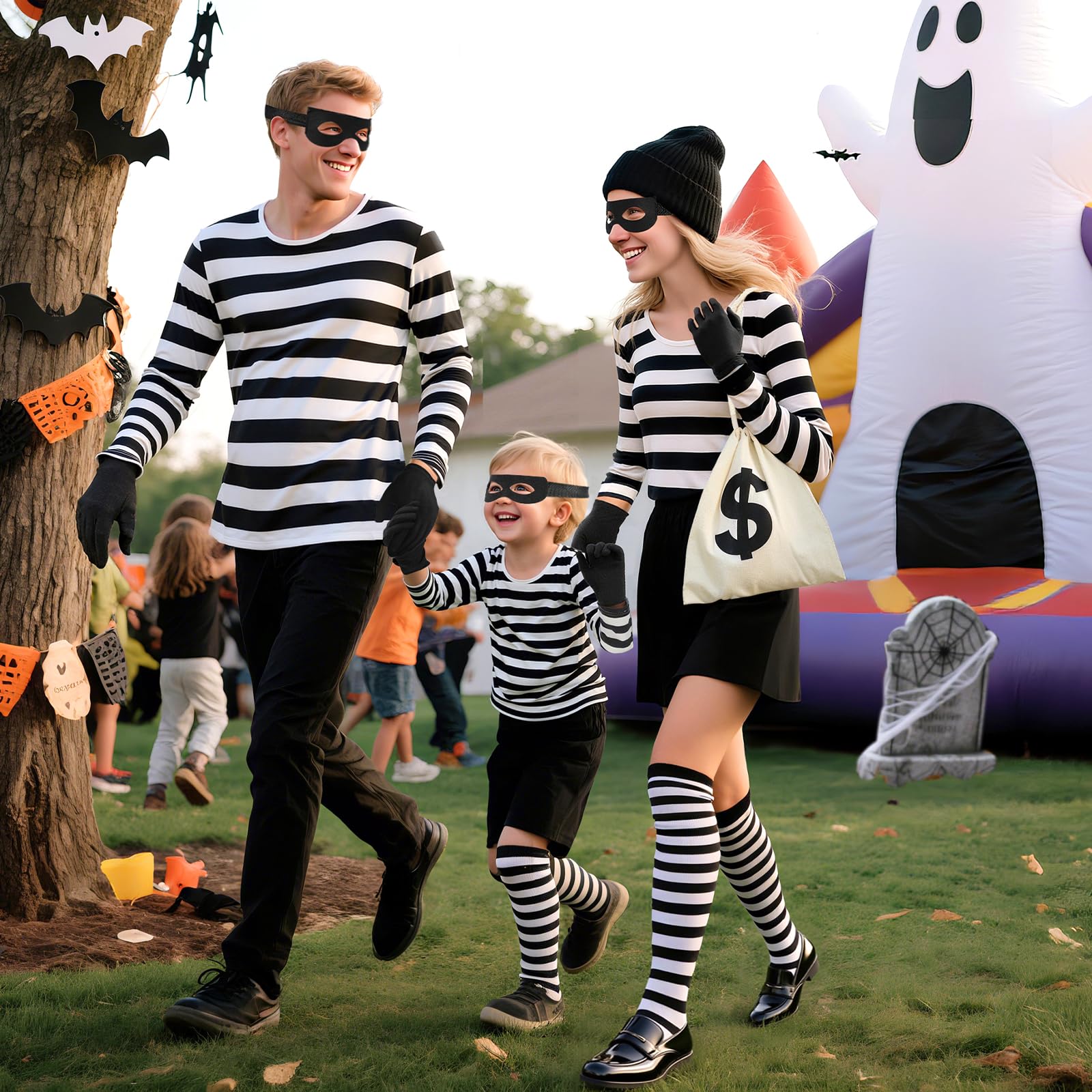 Women’s Classic Burglar Costume Set – Black & White Striped Halloween Outfit with Mask, Hat, Gloves & Coin Bag