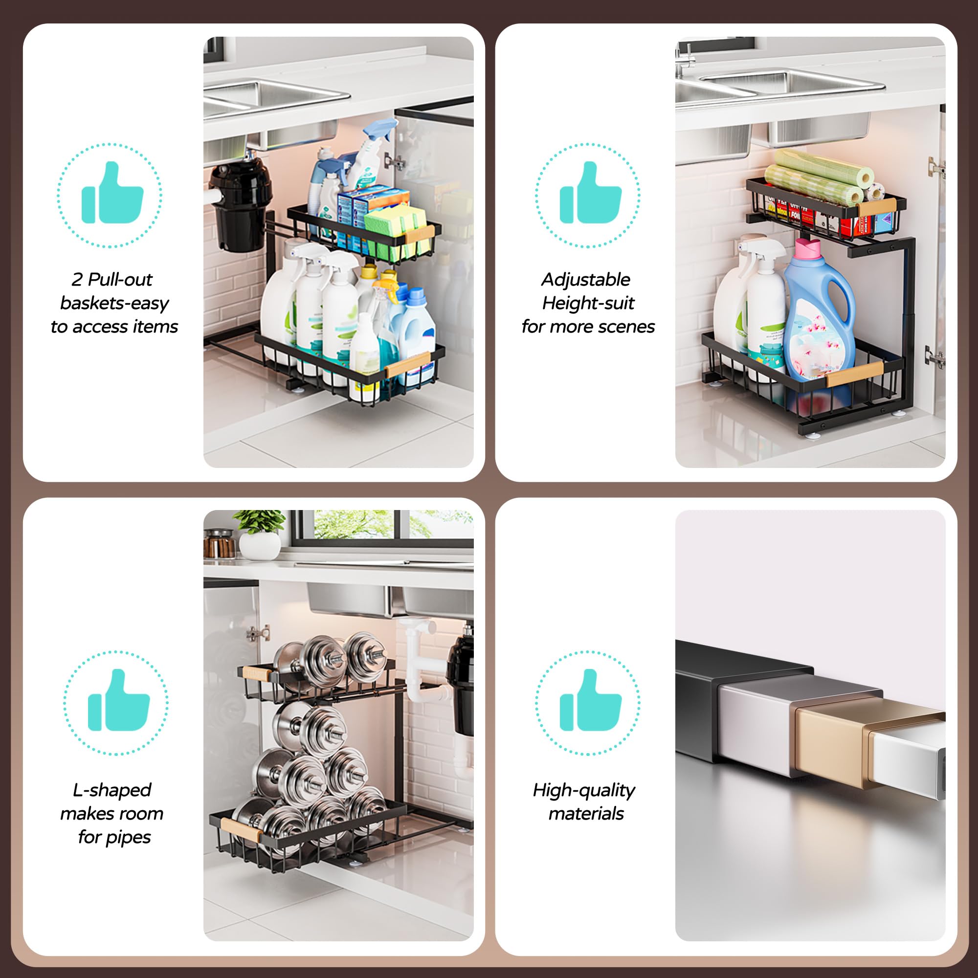 ADBIU Black Adjustable Under Sink Organizer – 2-Tier Pull-Out Cabinet Storage with Expandable Height (2 Pack)