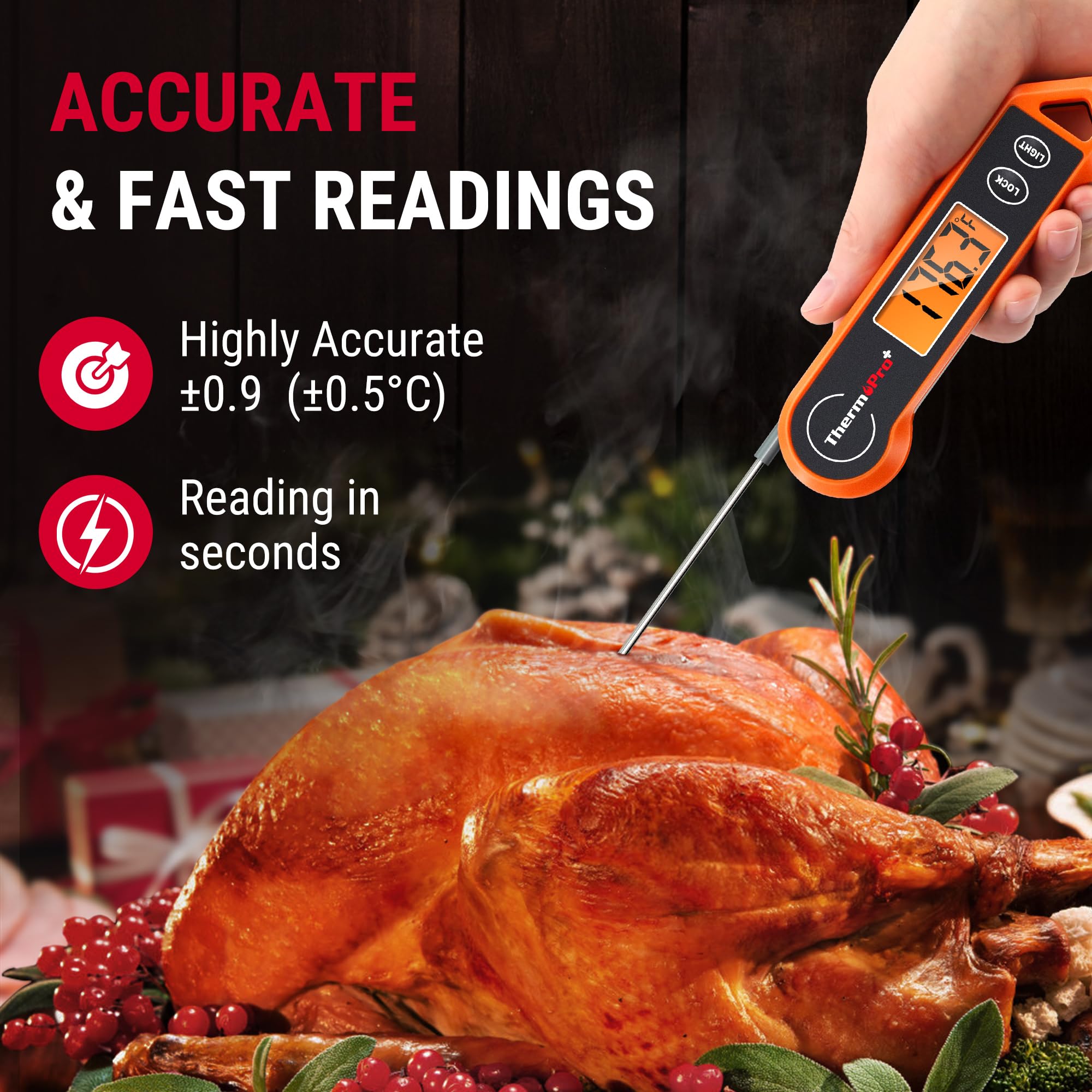 Instant Read Digital Meat Thermometer – Auto-Rotating Backlit Display, Waterproof & Ultra-Fast Probe