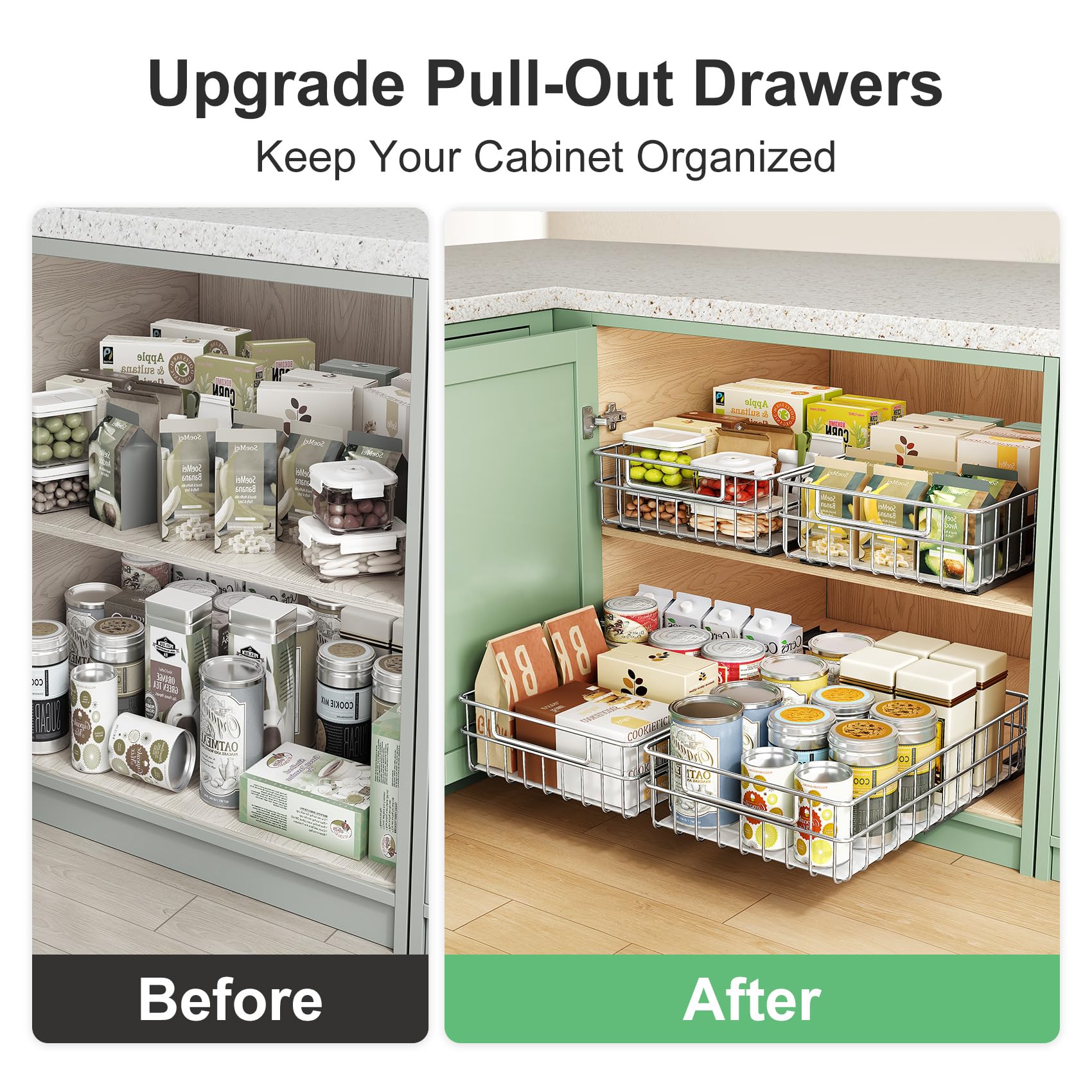 Stainless Steel Pull-Out Cabinet Organizer – Silent Full-Extension Slide-Out Drawers (2-Pack)