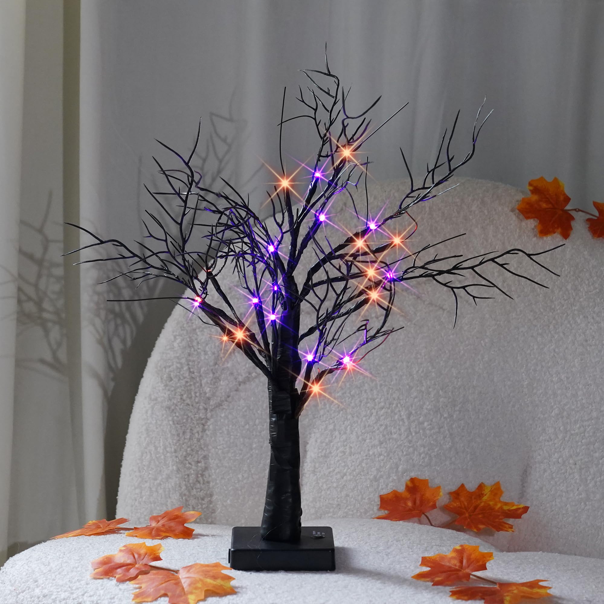 Dazzle Bright 2 Pack 20 Inch Orange & Purple Lighted Halloween Birches Tree Decor, 24 LED Battery Operated Halloween Decorations Artificial Black Spooky Tree with Timer for Indoor Home Party