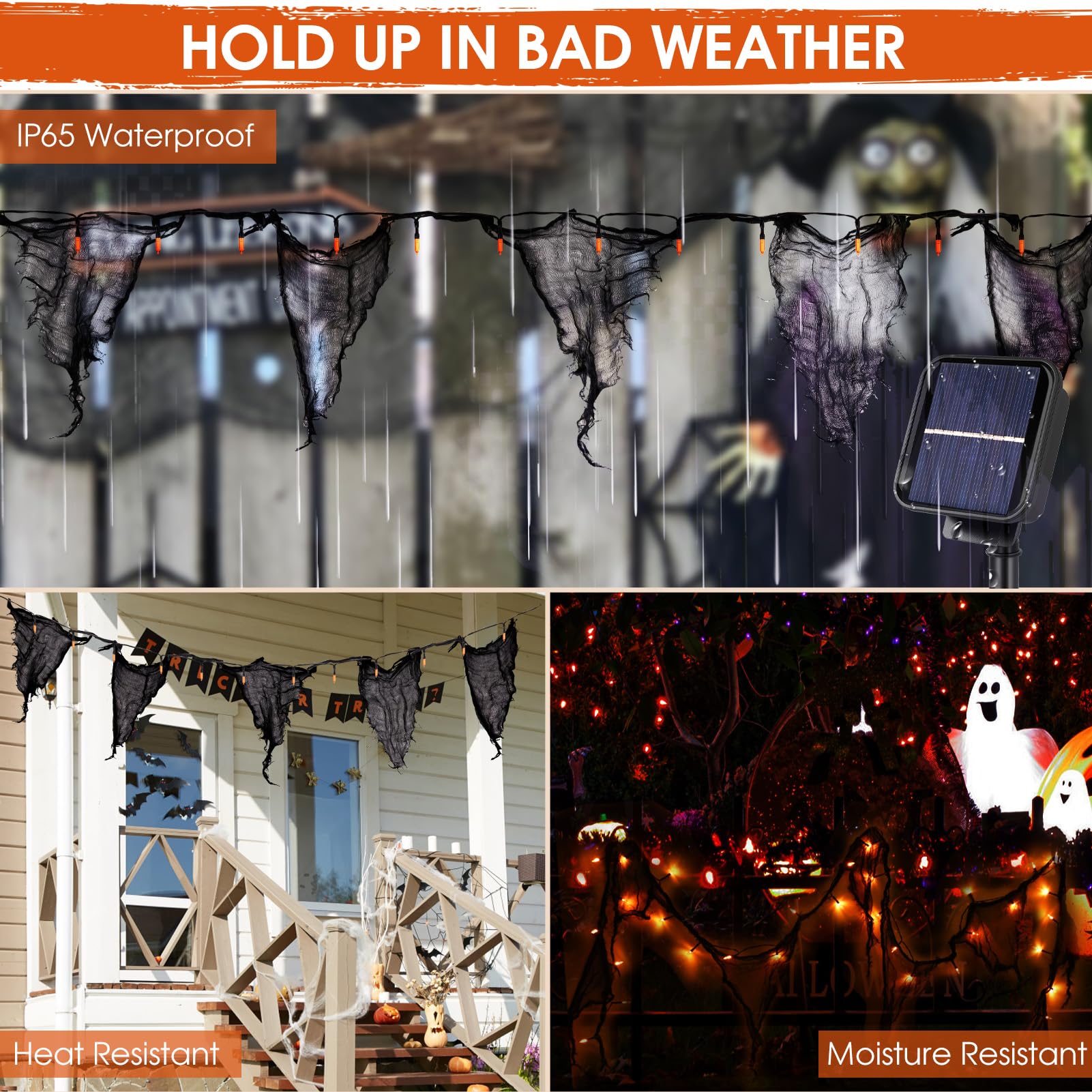 Halloween Solar Lights Outdoor – Black Cheesecloth with Orange LED Fairy Lights (23FT, 8 Modes, IP65 Waterproof)