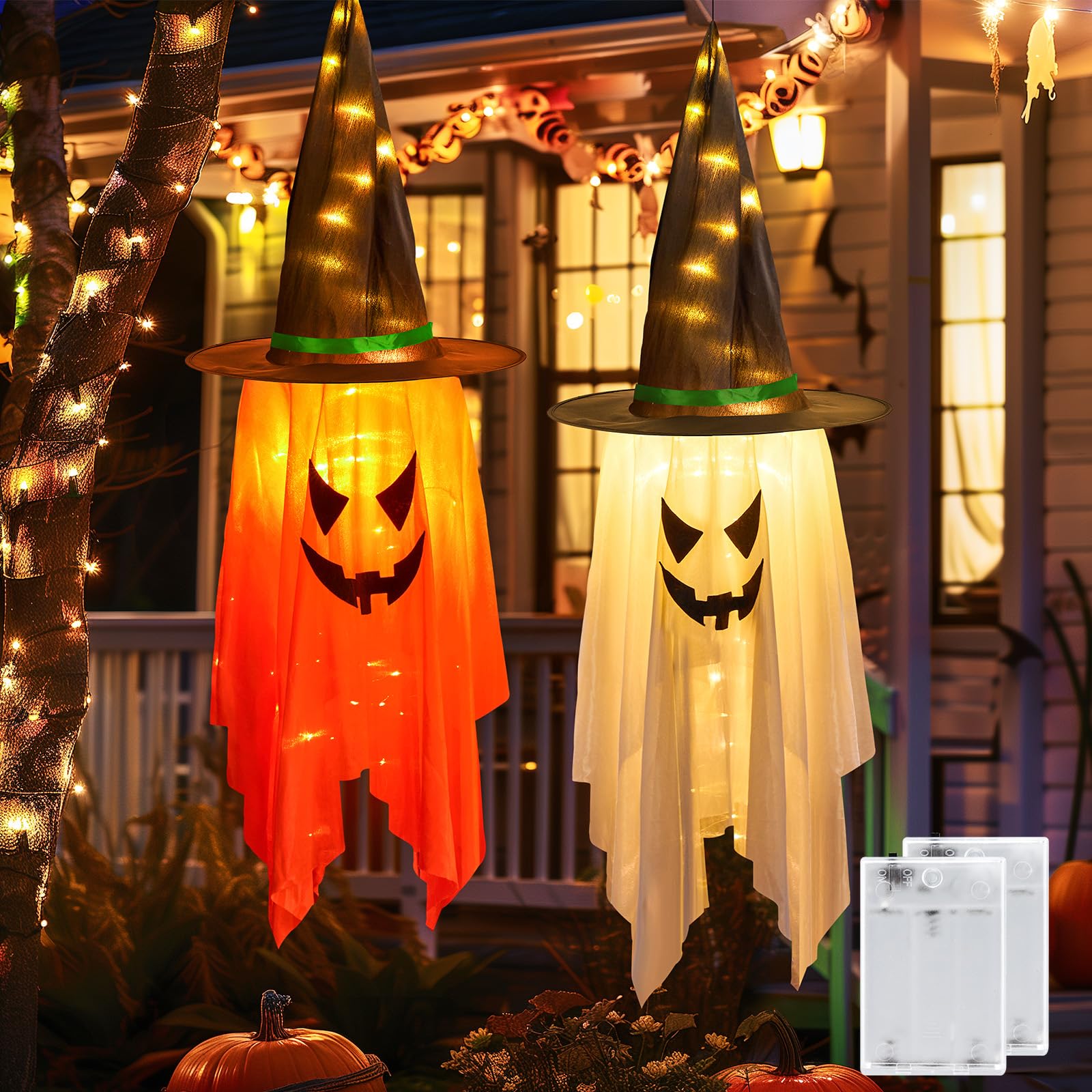 Lighted Hanging Witch Hats – 2-Pack Halloween Decorations with 20 LED Warm White Lights (Battery Operated, Indoor/Outdoor)