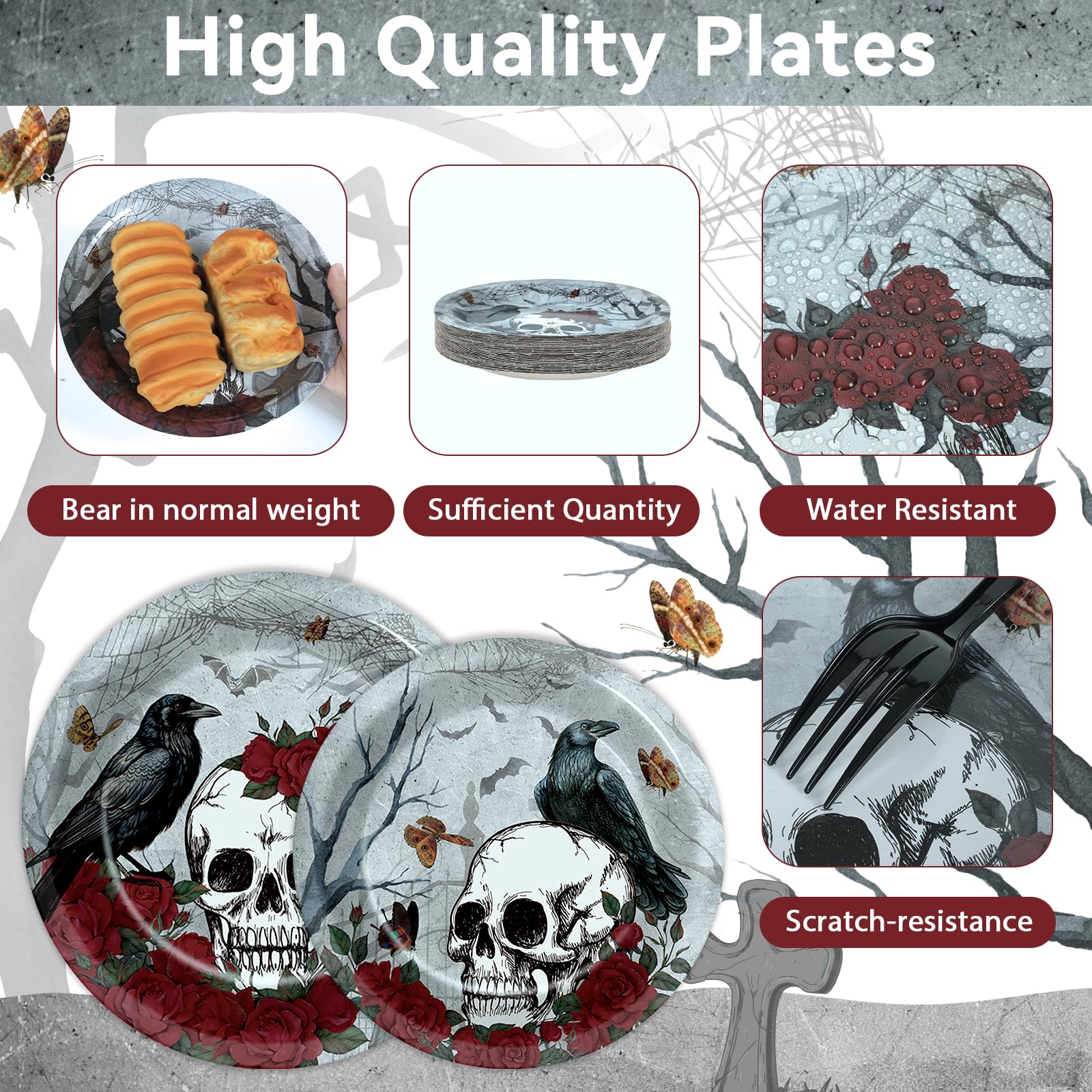 Halloween Gothic Tableware Set – 96 Pcs Plates, Napkins & Forks with Skull, Rose & Crow Design