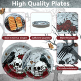 Halloween Gothic Tableware Set – 96 Pcs Plates, Napkins & Forks with Skull, Rose & Crow Design