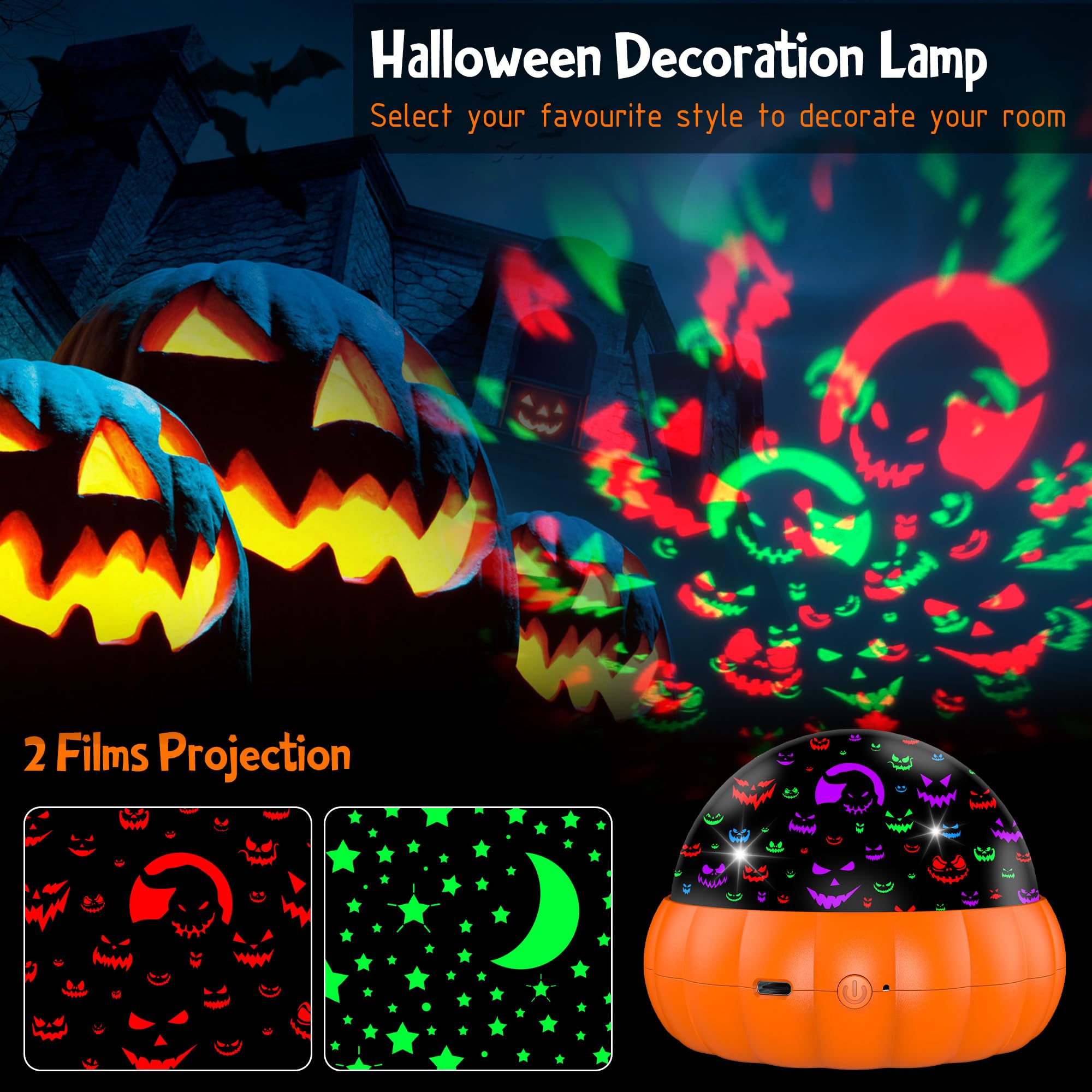 2-in-1 Halloween Pumpkin Projector Night Light – 15 Lighting Modes Star & Jack O’Lantern Indoor LED Lamp (USB-C Powered)