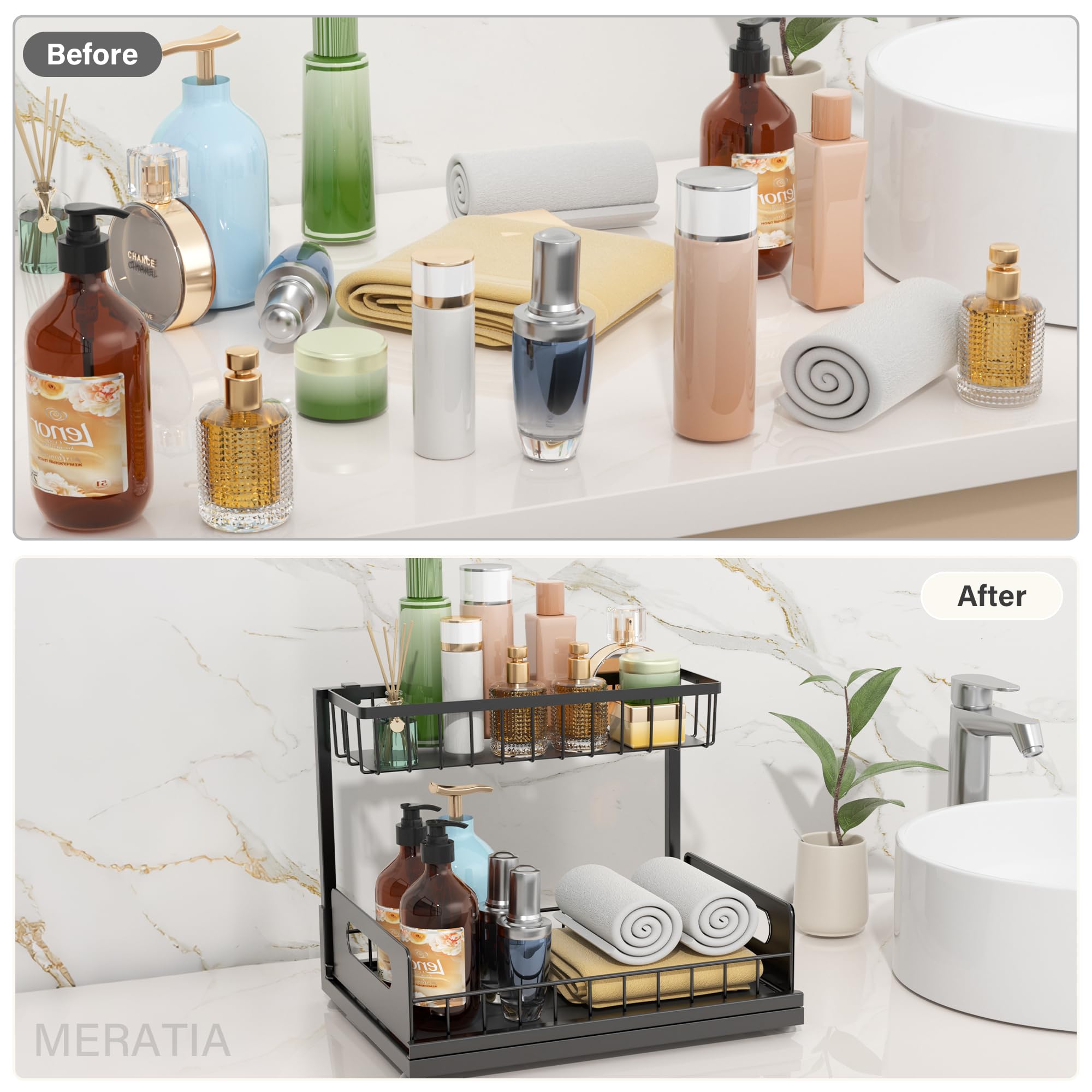 Meratia 2-Pack Under-Sink Pull-Out Cabinet Organizer – L-Shaped Metal Storage Rack with Sliding Drawers