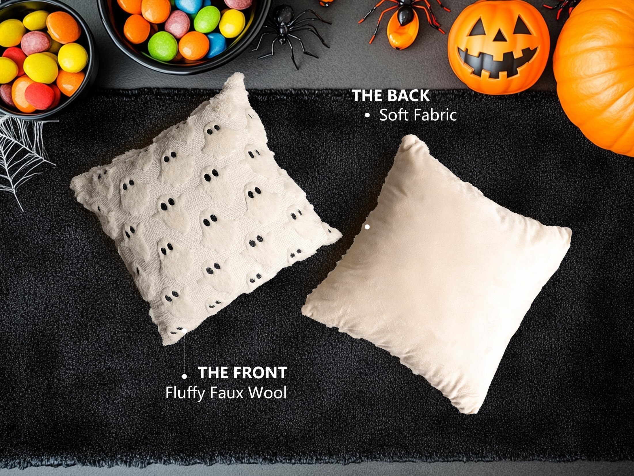 Set of 2 Beige Faux Fur Halloween Pillow Covers – 18x18 Inch Plush Decorative Cushion Cases with Hidden Zipper
