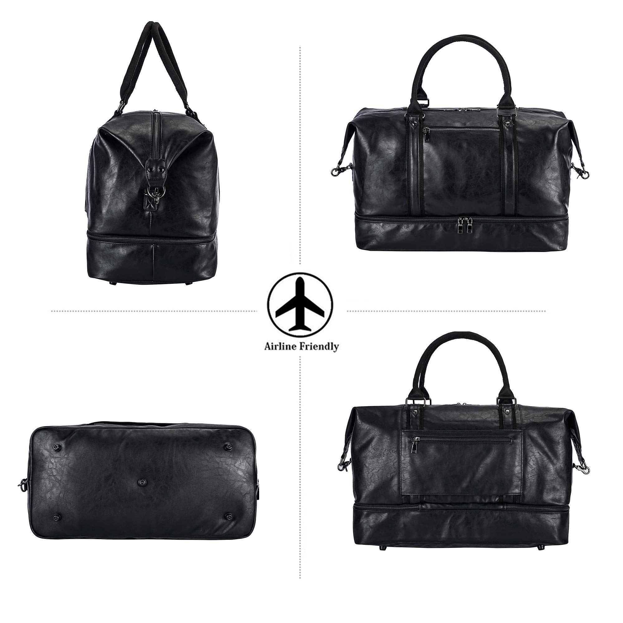 Leather Travel Duffel Bag with Shoe Compartment – Large Waterproof PU Weekender Carry-On Bag (Black)