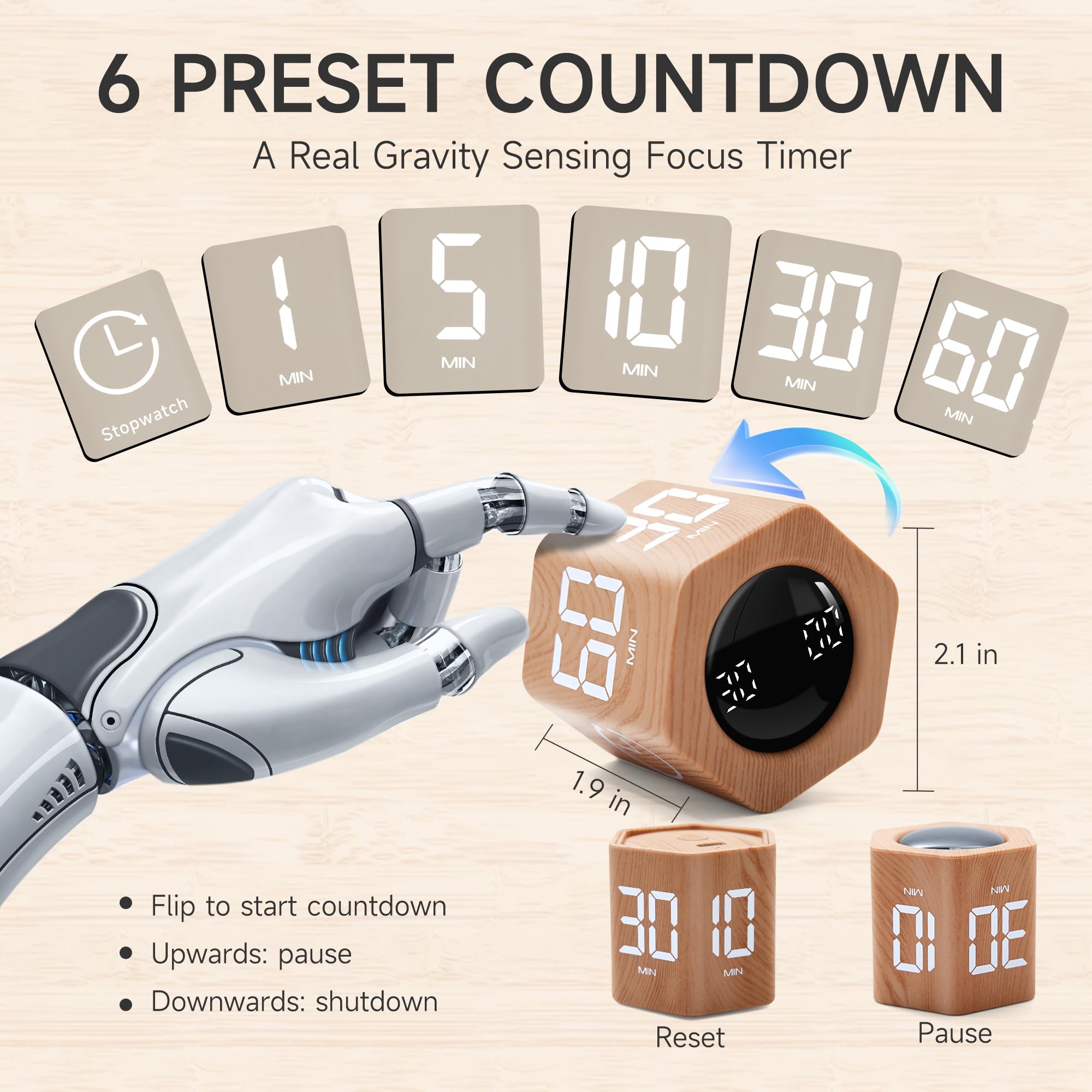 EXLLIY Wood Grain Gravity Cube Timer with Vibration Mode, Illuminated Display & USB-C Rechargeable Design