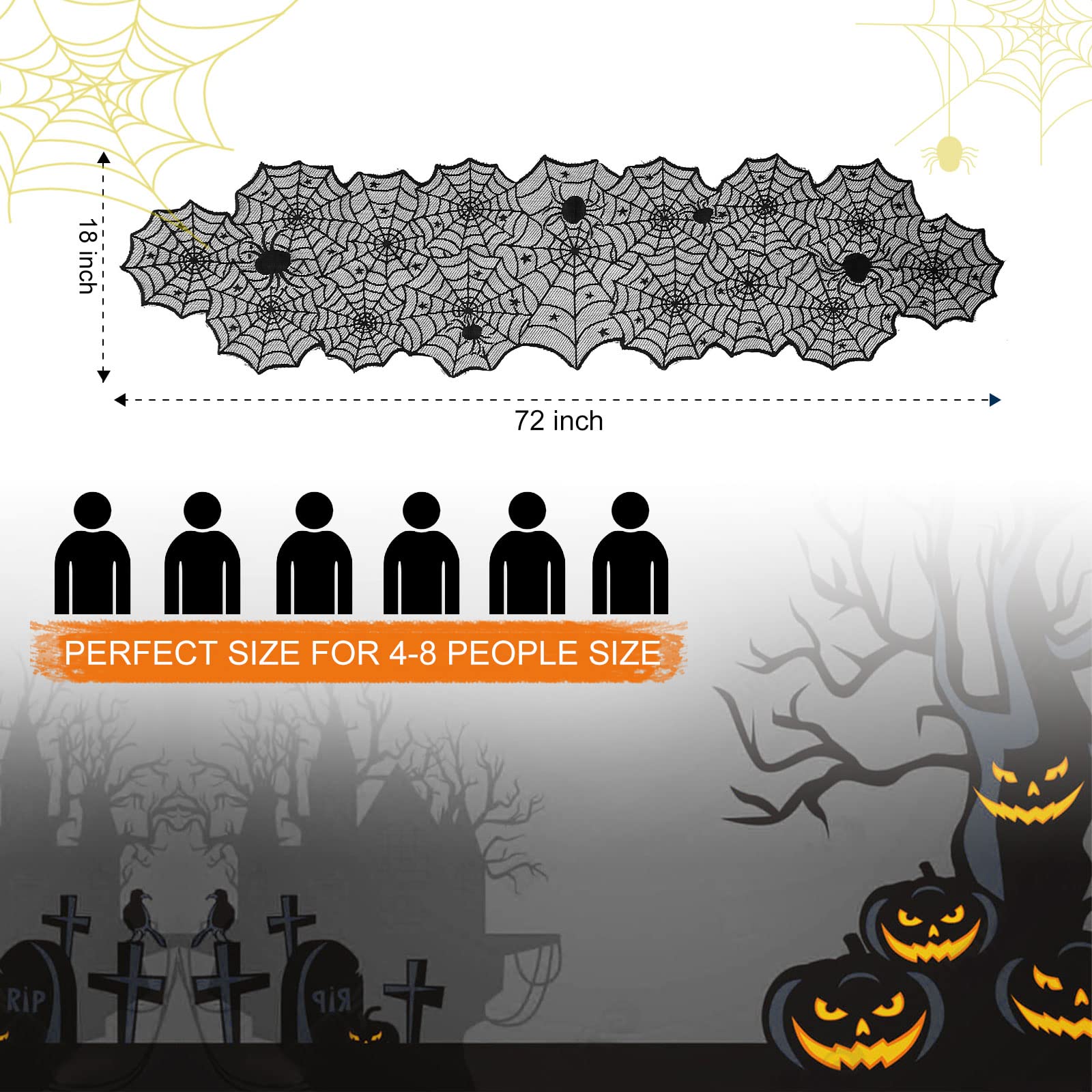 Halloween Spider Web Table Runner – 18x72 Inch Black Lace Tablecloth for Halloween Party Decorations (Reusable Cobweb Design)