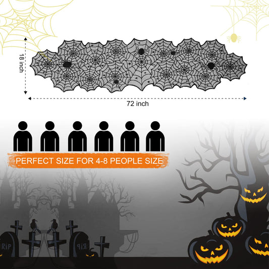 Halloween Spider Web Table Runner – 18x72 Inch Black Lace Tablecloth for Halloween Party Decorations (Reusable Cobweb Design)