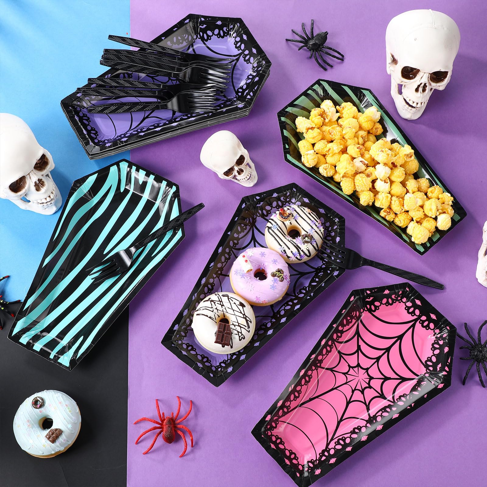 Halloween Coffin Plates & Black Forks Set – 48 Pcs Disposable Scary Sweet Tableware for 24 Guests