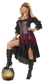Women’s Pirate Wench Costume – Multi-Color Off-Shoulder Dress with Burgundy & Black Ruffled Skirt (X-Large)