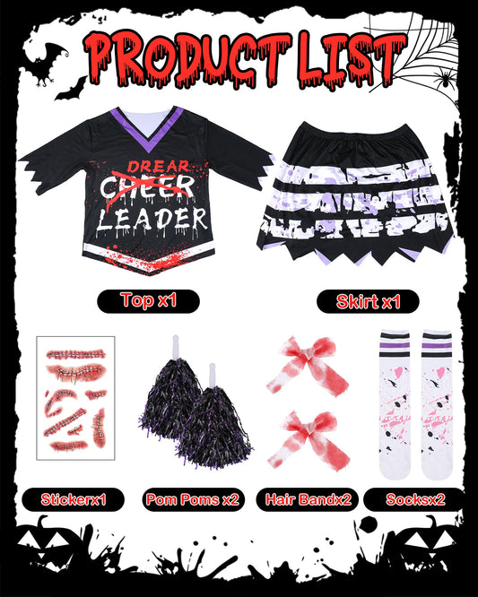 Zombie Cheerleader Costume – Black & Purple Undead Spirit Outfit with Pompoms & Accessories 💜🩸