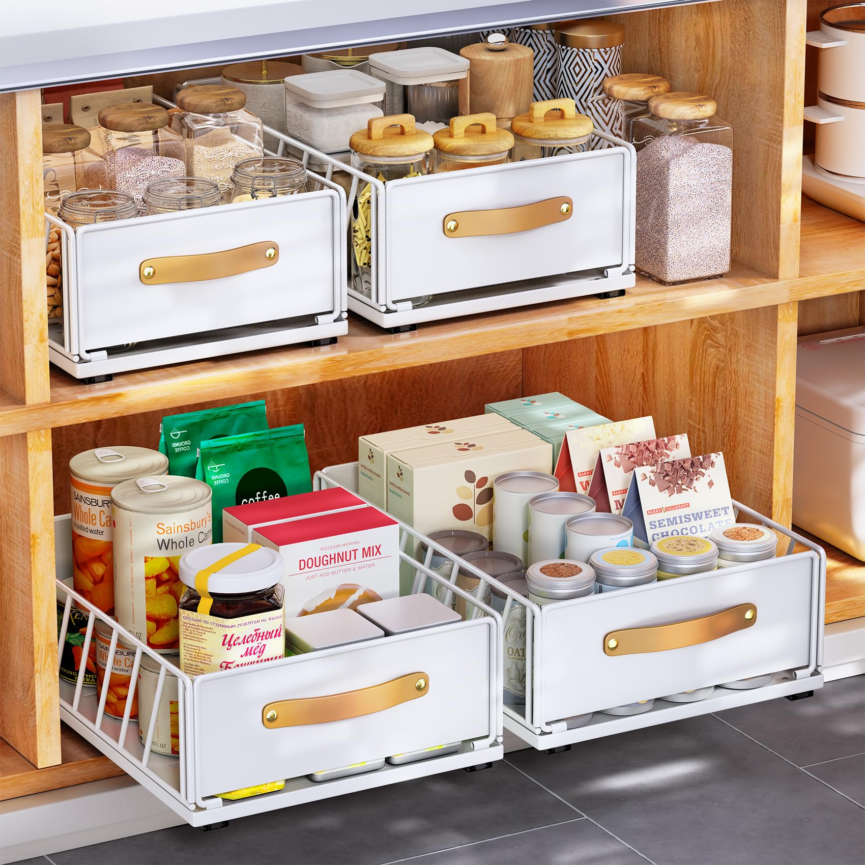 No-Drill Pull-Out Cabinet Organizer – Frameless Cabinets Only, Silent Full-Extension Drawer with Leather Handle (White)