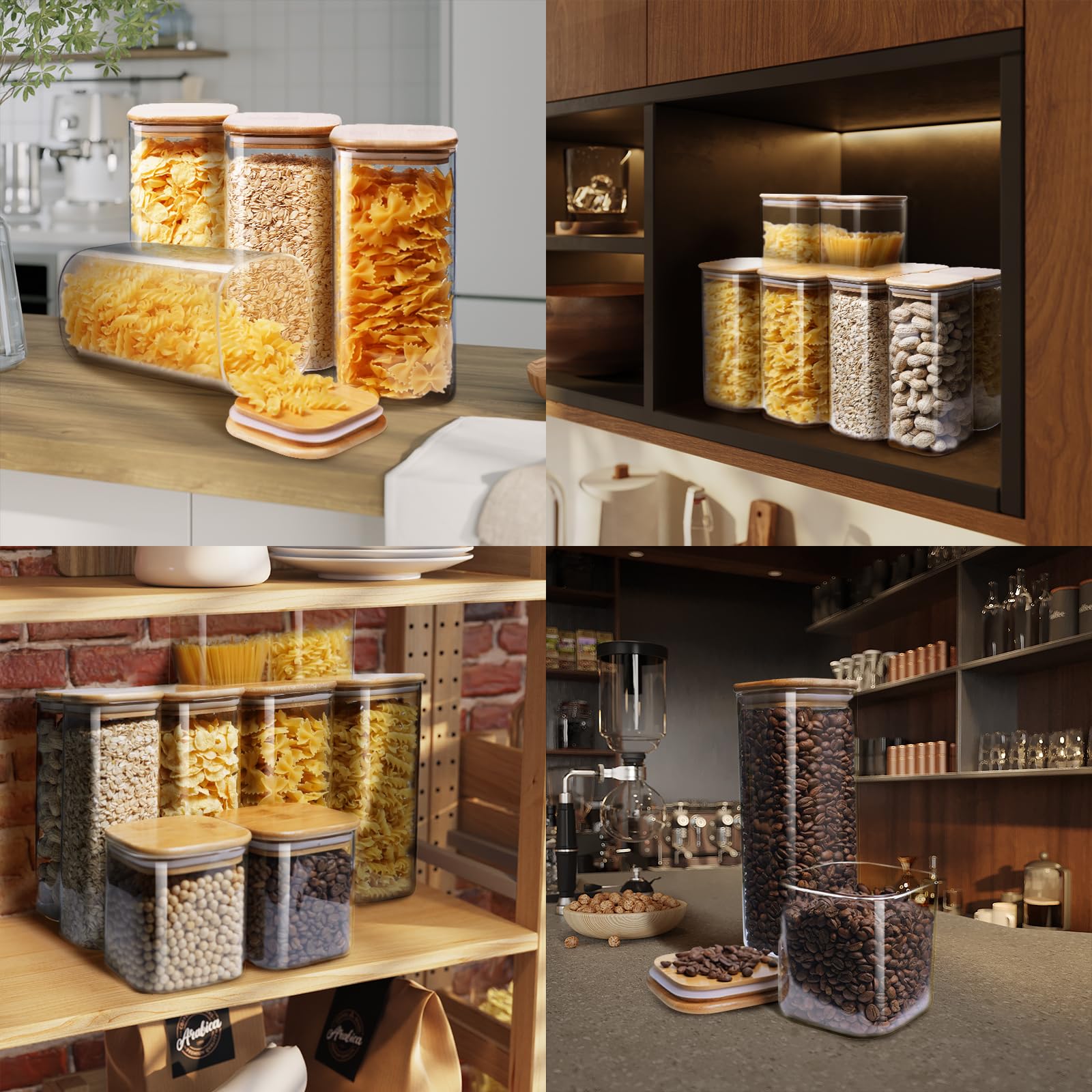 Square Glass Pantry Jars with Bamboo Lids – 5-Piece Borosilicate Storage Set (Multi Size)