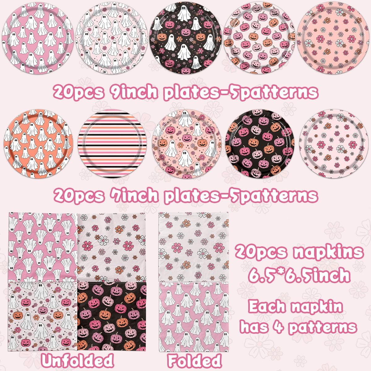 Pink & Black Halloween Party Plates Set – 60 Pcs Disposable Plates & Napkins with Pumpkin & Ghost Designs for Birthday & Baby Shower