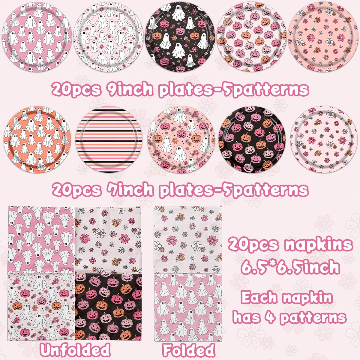 Pink & Black Halloween Party Plates Set – 60 Pcs Disposable Plates & Napkins with Pumpkin & Ghost Designs for Birthday & Baby Shower