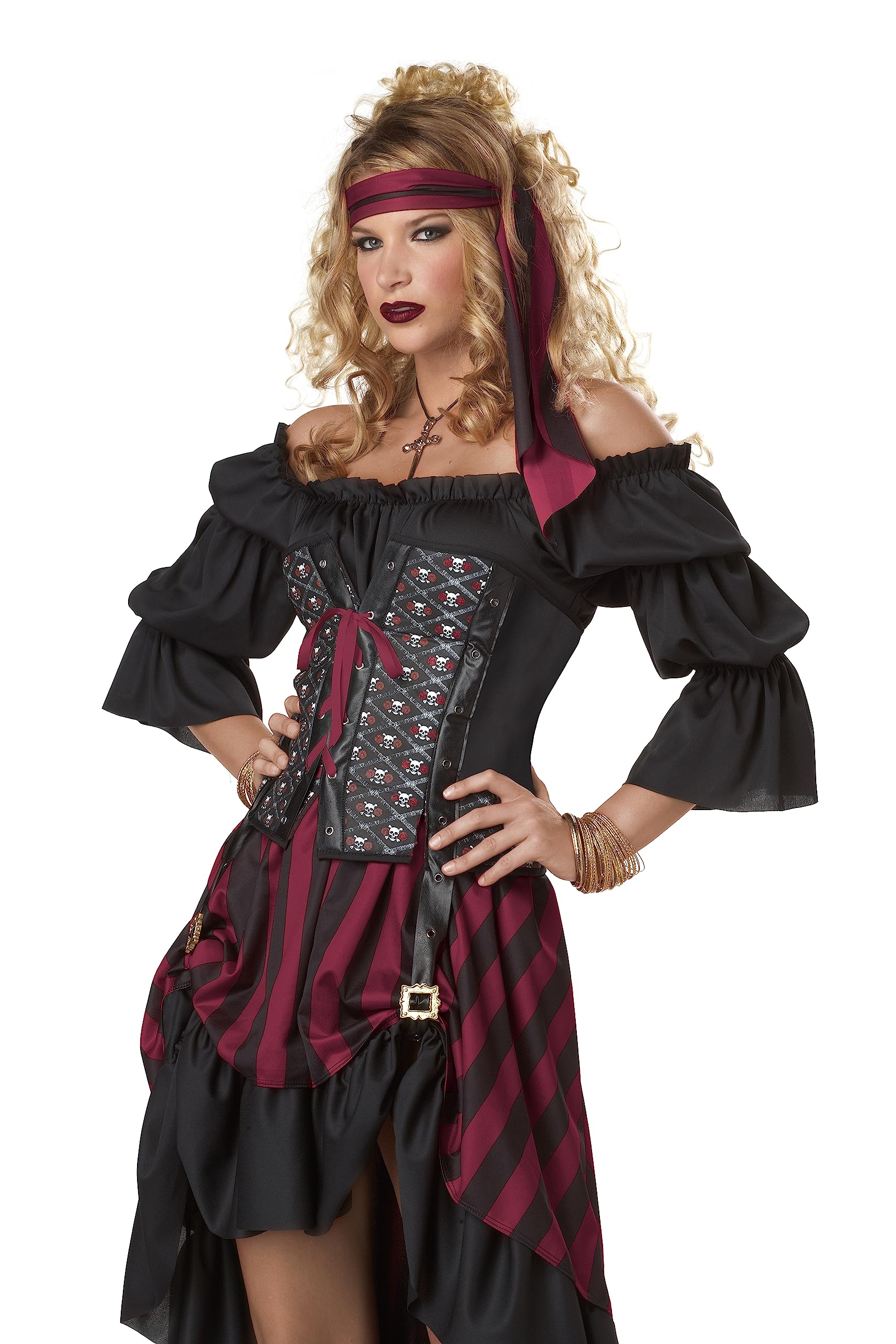 Women’s Pirate Wench Costume – Multi-Color Off-Shoulder Dress with Burgundy & Black Ruffled Skirt (X-Large)