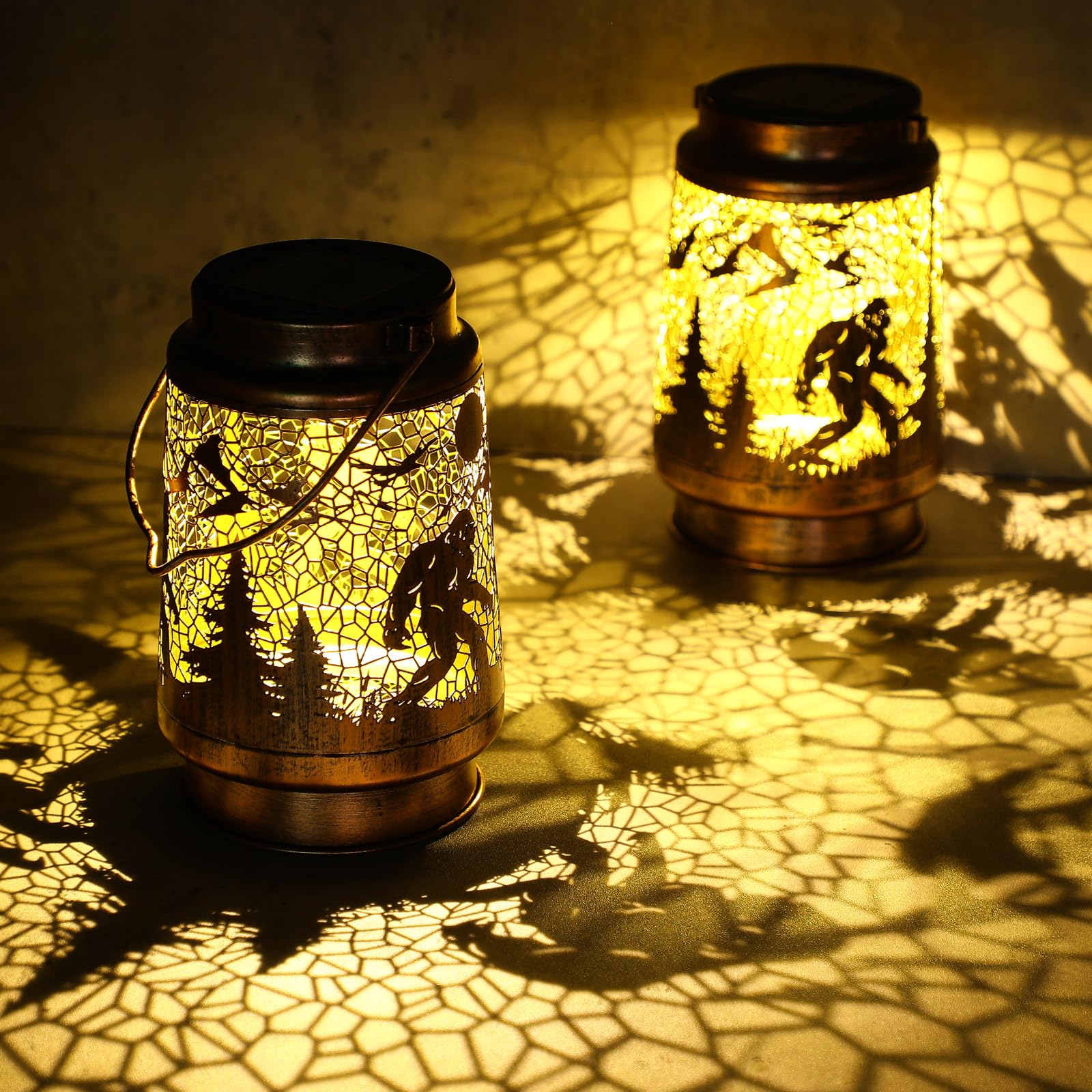 Bigfoot Solar Lantern – Gold Bronze Metal LED Outdoor Light with Waterproof Design & Rustic Hollow Pattern