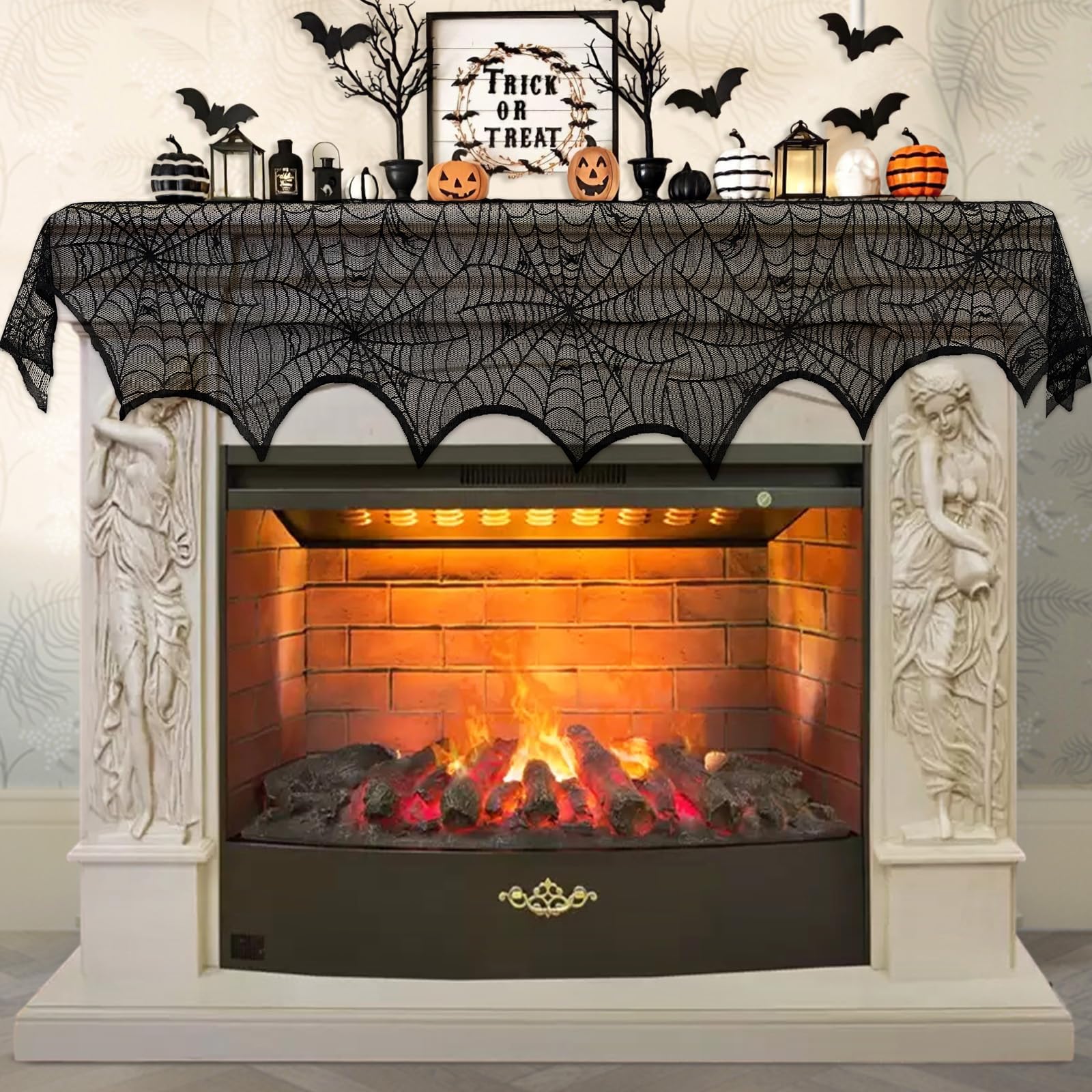 Black Lace Spider Web Mantel Scarf – Elegant Halloween Fireplace Decoration for Spooky Home Décor (18x96 Inches)