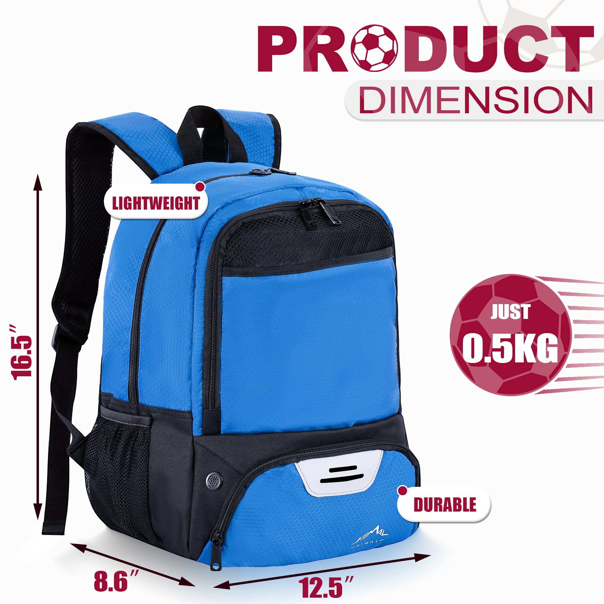 HIMAL OUTDOORS Soccer Backpack – Sports Gear Bag with Ball Holder & Separate Cleat Compartment (Blue)