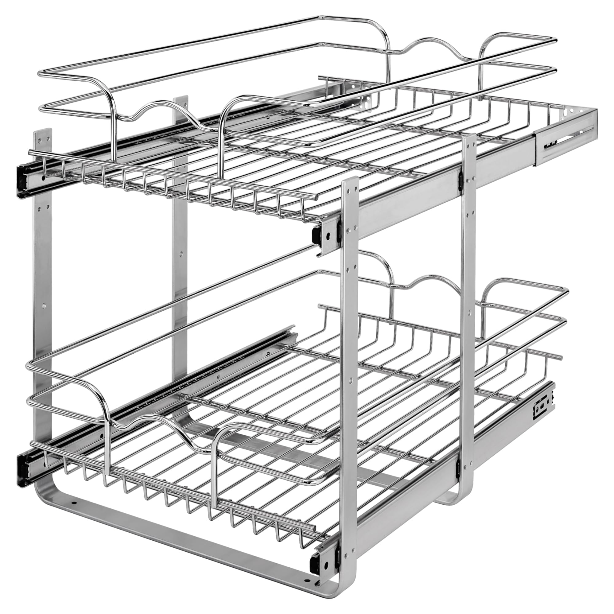 2-Tier Pull-Out Cabinet Organizer – Chrome Wire Slide-Out Baskets with Full-Extension Rails