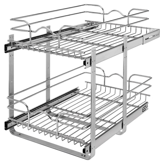 2-Tier Pull-Out Cabinet Organizer – Chrome Wire Slide-Out Baskets with Full-Extension Rails