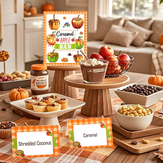Caramel Apple Bar Decoration Kit – 14-Piece Fall Dessert Table Set with Standee & 12 Tent Cards (Orange Plaid Design)
