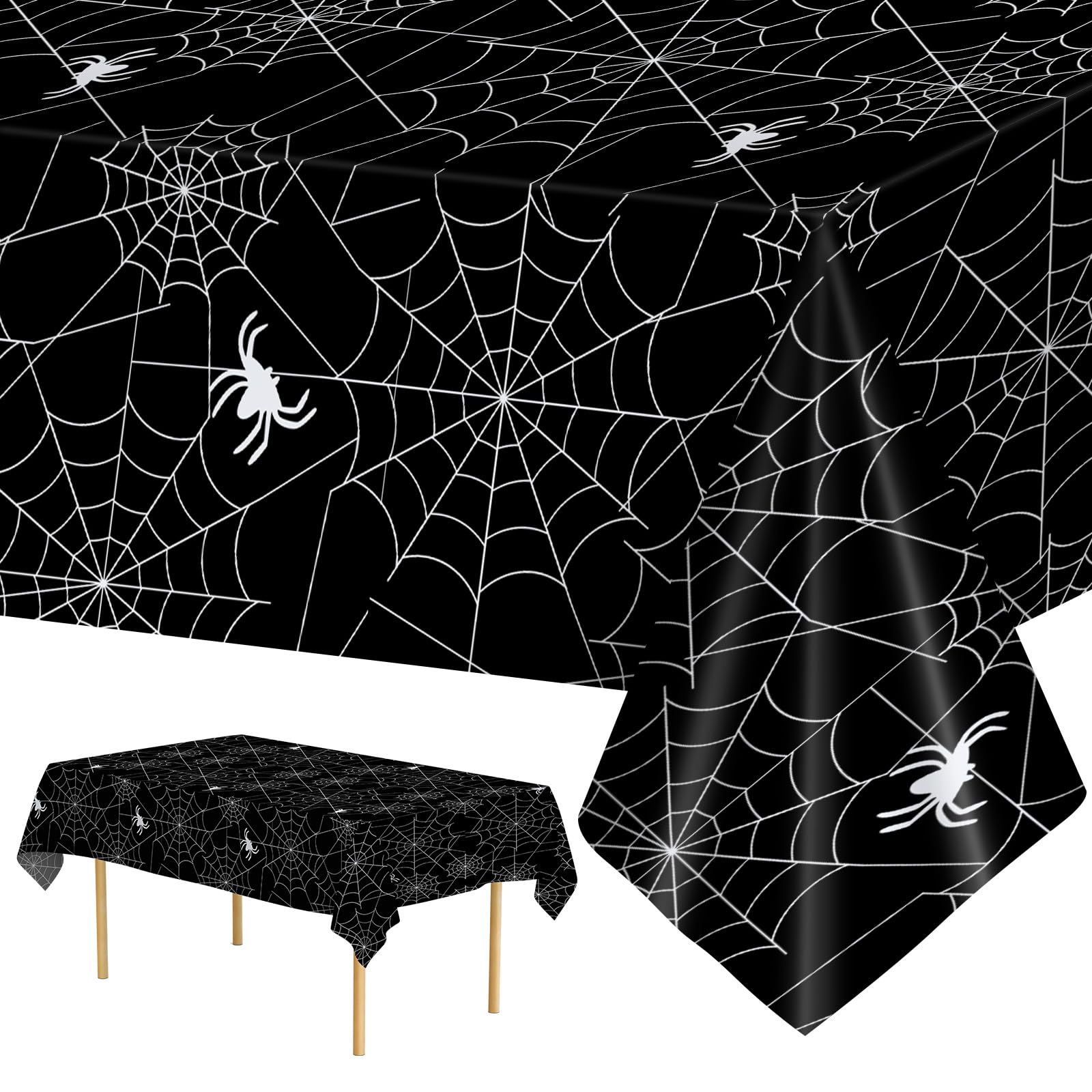 Halloween Tablecloths – 2 Pack Black Spider Web Plastic Table Covers (108 x 54 Inches)
