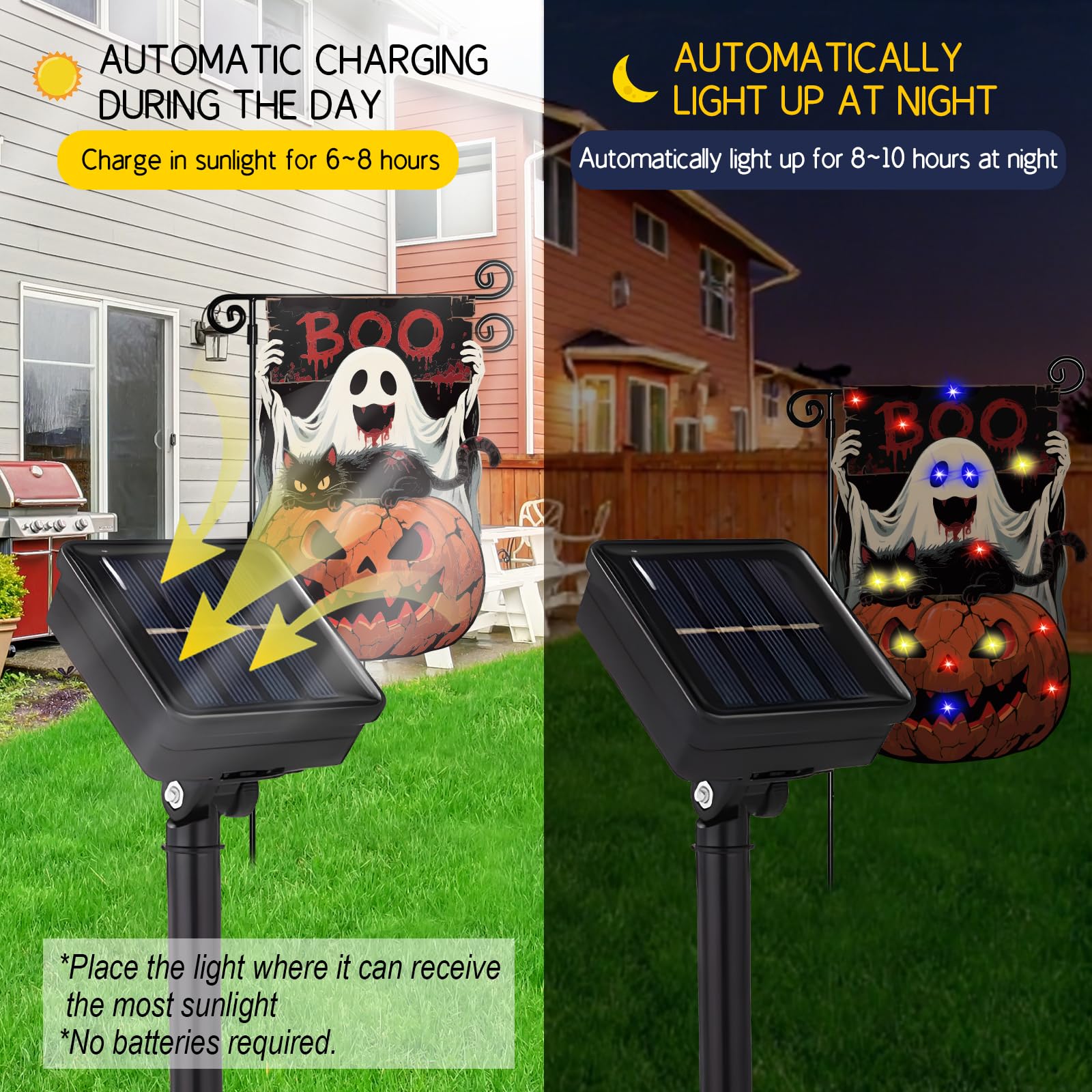 Halloween Solar Garden Flag 12x18" – Pumpkin LED Outdoor Yard Banner, Double-Sided UV-Resistant Oxford Décor
