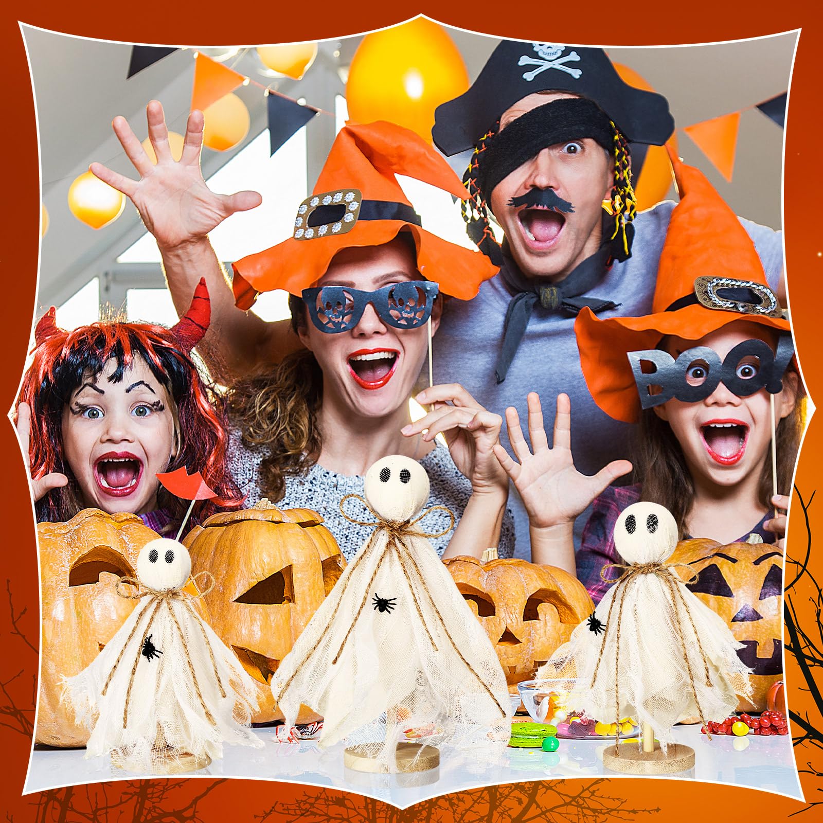 Set of 3 Wooden Ghost Shelf Sitters – Rustic Halloween Fabric Ghost Decorations for Table, Mantel & Tiered Tray