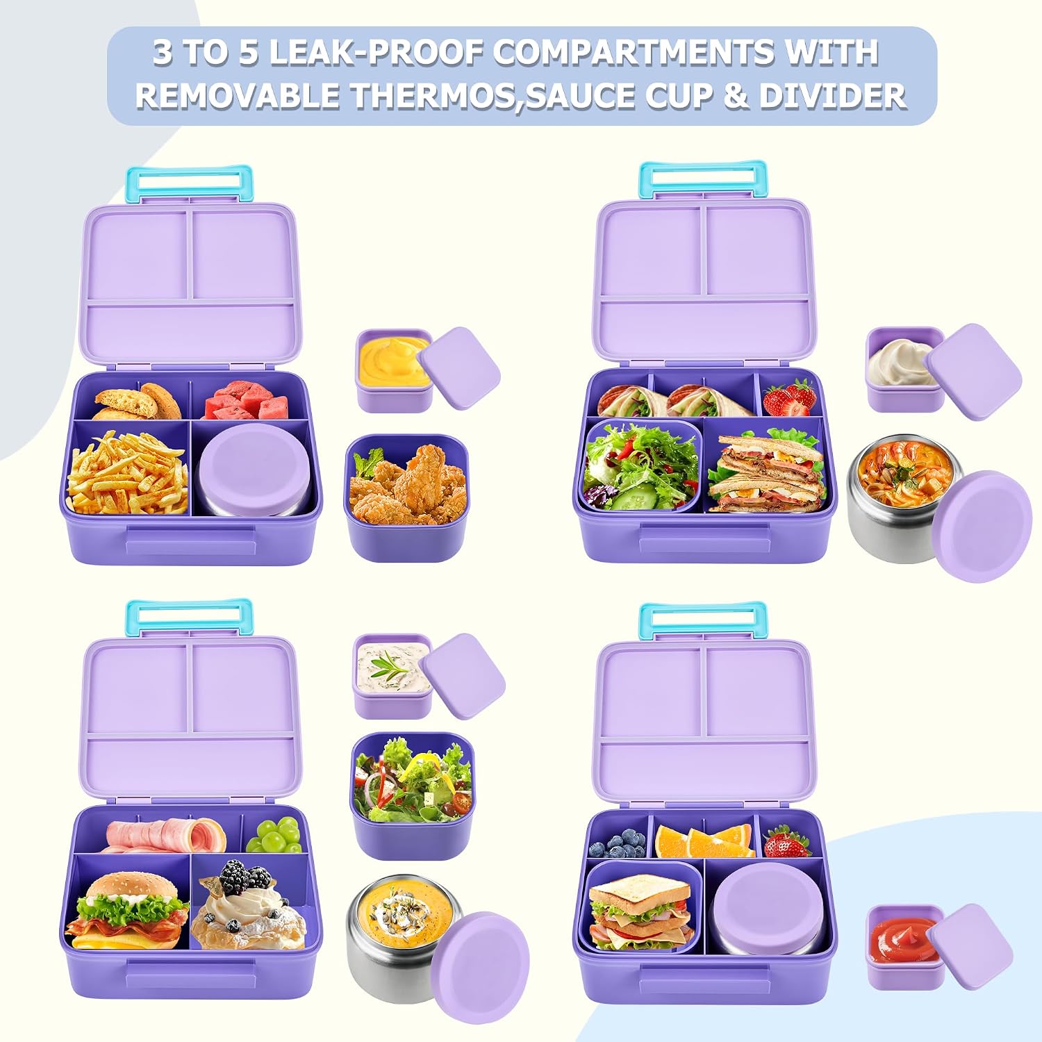 Kids 5-Compartment Bento Lunch Set with 8 oz Food Jar, 17 oz Insulated Bottle and Lunch Bag