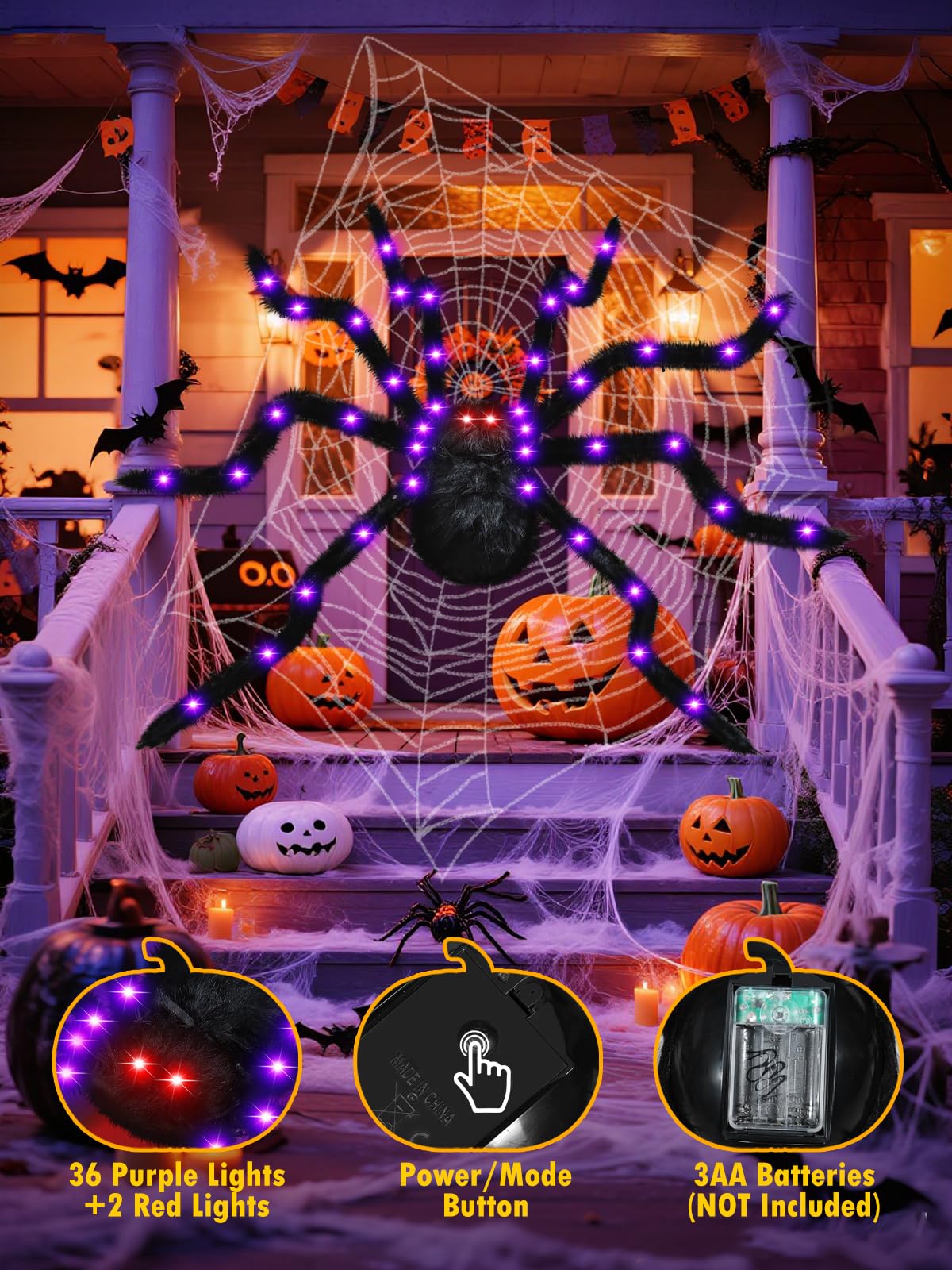 Giant Light-Up Halloween Spider – 59" Black Hairy Spider with 36 LED Purple Lights & Red Eyes