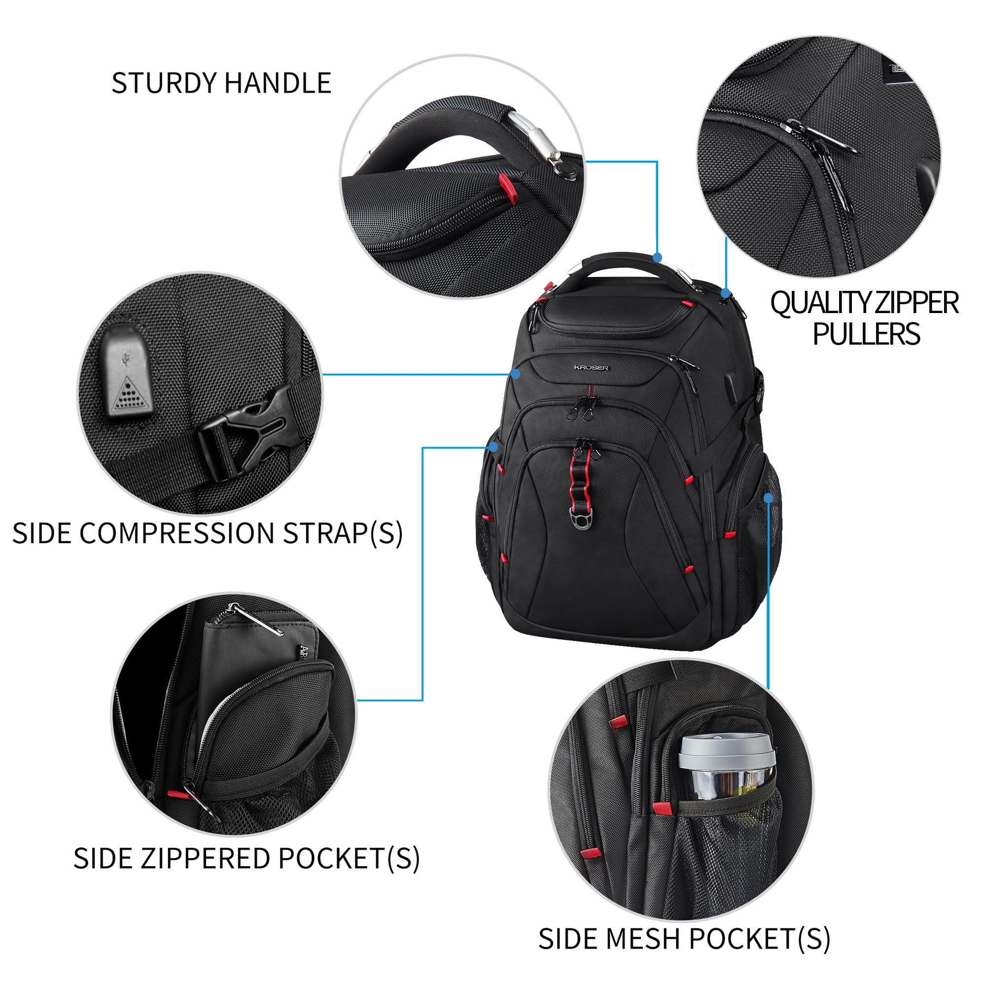 KROSER 17.3″ Travel Laptop Backpack with Hard Shell SafeRoom – RFID Protected, Water-Repellent Business & College Backpack (Black)