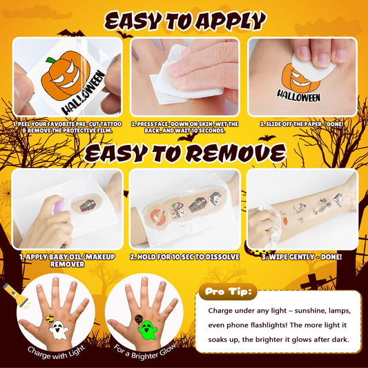 Halloween Glow Tattoos for Kids – 204 Count with Mystery Prize Box (Colorful Design)
