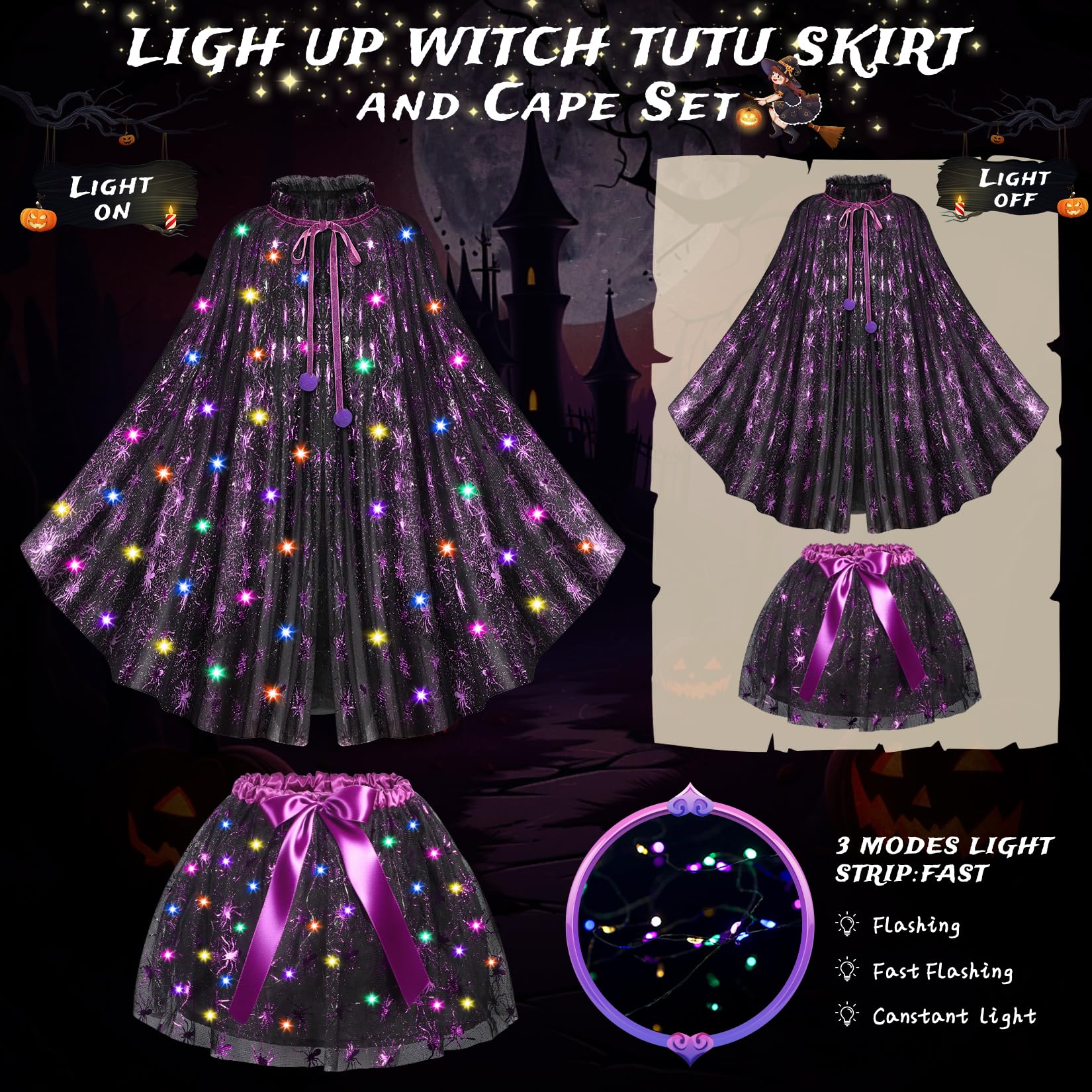 Girls Glow-in-the-Dark LED Witch Costume Set – Light-Up Cape, Tutu Skirt, Headband & Trick-or-Treat Bag (Ages 3–8)